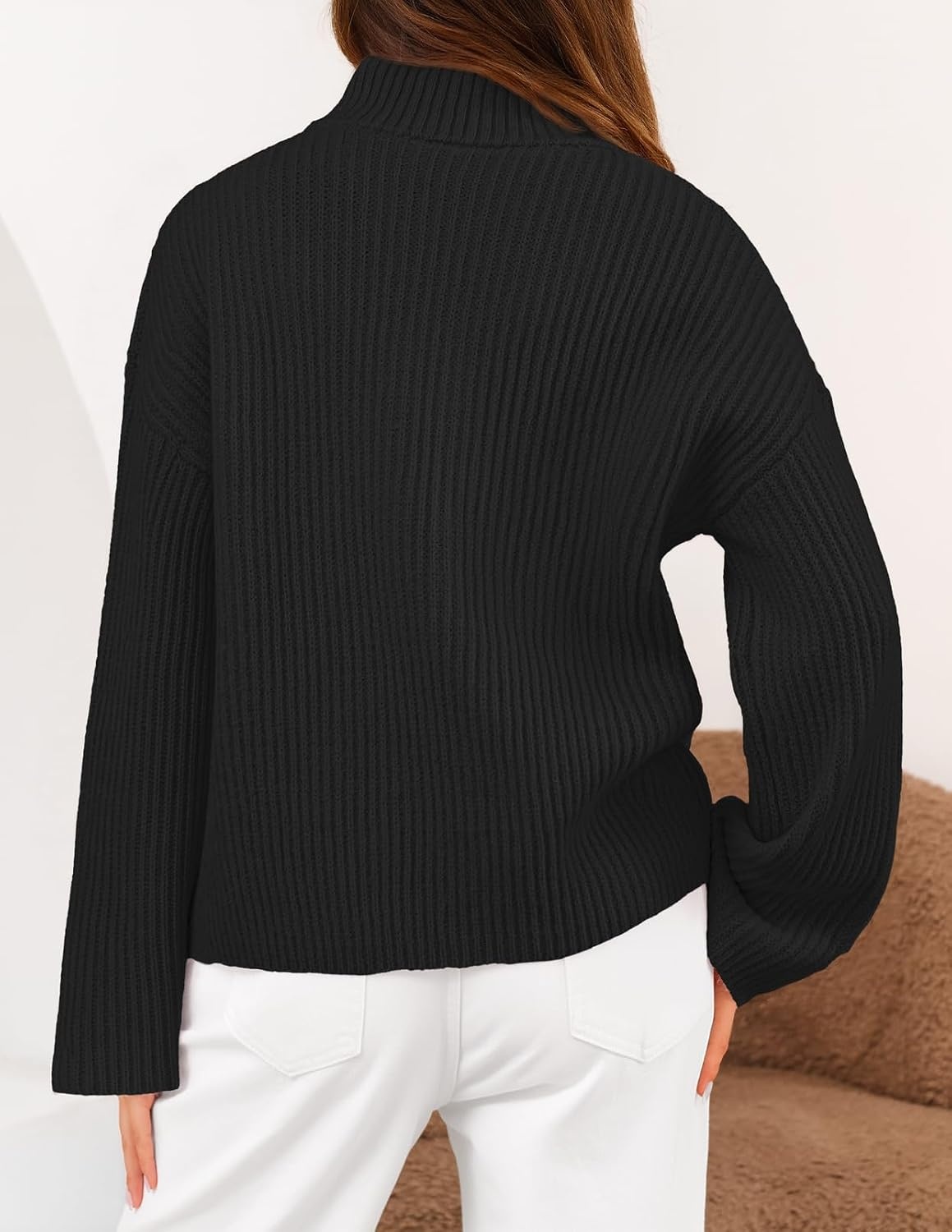 image:imageMEROKEETY Womens Long Sleeve Chunky Knit Mock Neck Cardigan Sweaters 2026 Zip Up Ribbed Tops Open Front Jackets Coats Drop Shoulder Outerwear Trendy Outfits Fall Fashion Warm Winter ClothingBlack