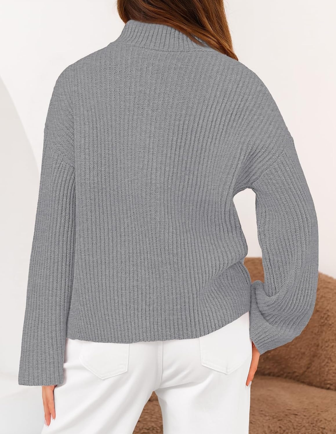 image:imageMEROKEETY Womens Long Sleeve Chunky Knit Mock Neck Cardigan Sweaters 2026 Zip Up Ribbed Tops Open Front Jackets Coats Drop Shoulder Outerwear Trendy Outfits Fall Fashion Warm Winter ClothingGrey