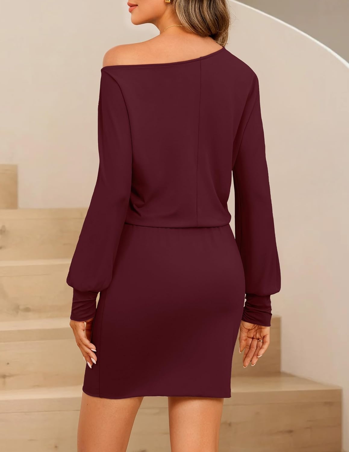 image:imageMEROKEETY Womens Off Shoulder Fall Long Sleeve Cocktail Party Mini Dresses Bodycon Dolman Sleeve Asymmetrical Ruched Waist High Waist Slim Fit Date Night Cocktail Party Y2K Club Short DressBurgundy