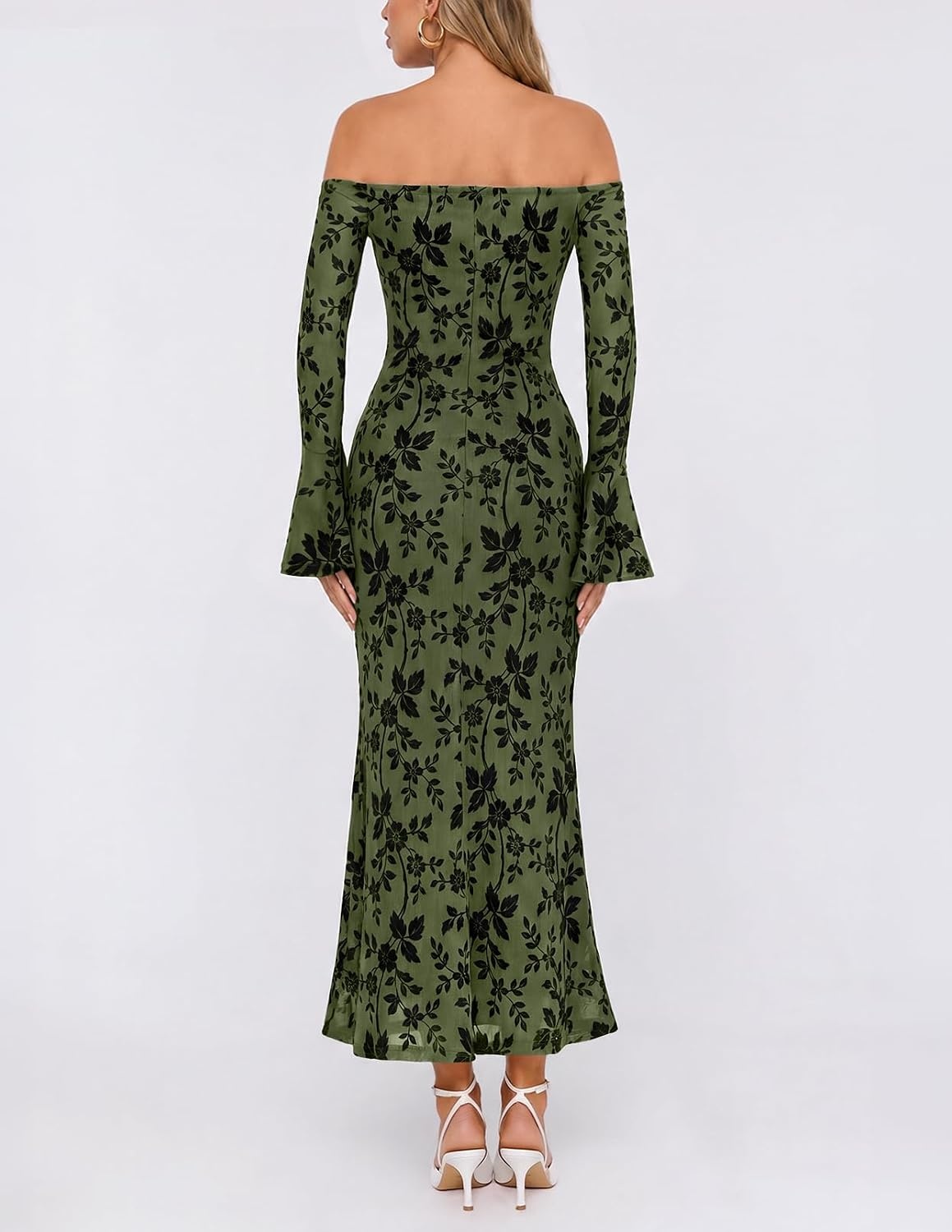 image:imageMEROKEETY Womens Off The Shoulder Bodycon Fall Wedding Guest Maxi Dress Bell Long Sleeve Floral Mesh Fully Lined Ruched Bust 2026 Winter Elegant Sexy Trendy Formal Cocktail Date night DressesArmy