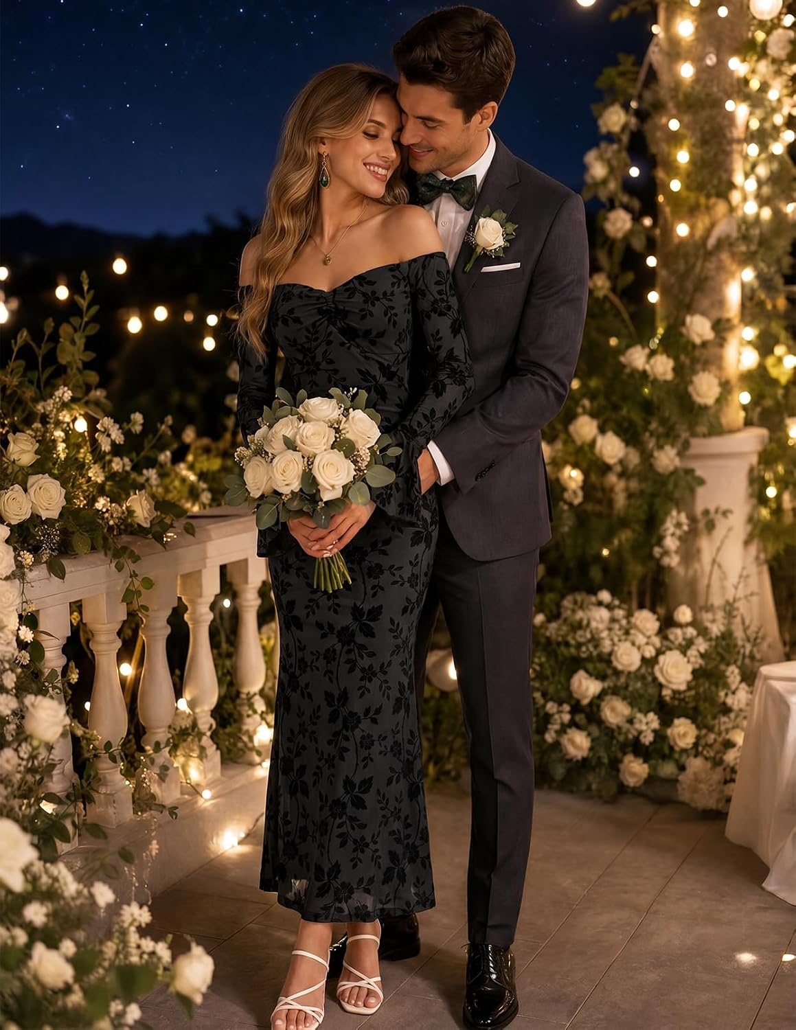 image:imageMEROKEETY Womens Off The Shoulder Bodycon Fall Wedding Guest Maxi Dress Bell Long Sleeve Floral Mesh Fully Lined Ruched Bust 2026 Winter Elegant Sexy Trendy Formal Cocktail Date night DressesBlack