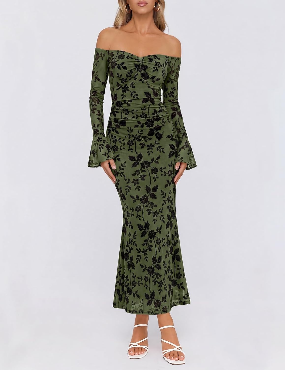 image:imageMEROKEETY Womens Off The Shoulder Bodycon Fall Wedding Guest Maxi Dress Bell Long Sleeve Floral Mesh Fully Lined Ruched Bust 2026 Winter Elegant Sexy Trendy Formal Cocktail Date night DressesArmy