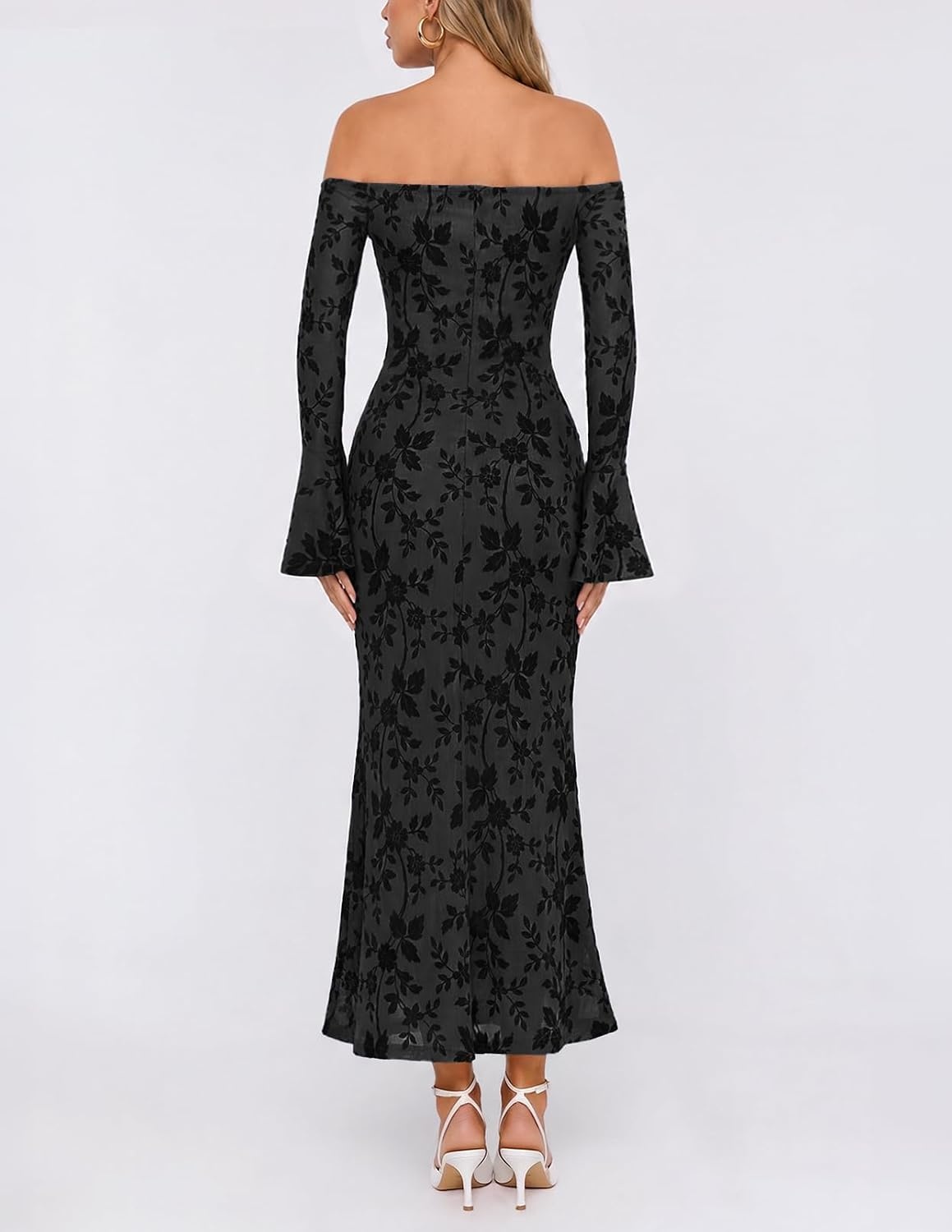 image:imageMEROKEETY Womens Off The Shoulder Bodycon Fall Wedding Guest Maxi Dress Bell Long Sleeve Floral Mesh Fully Lined Ruched Bust 2026 Winter Elegant Sexy Trendy Formal Cocktail Date night DressesBlack