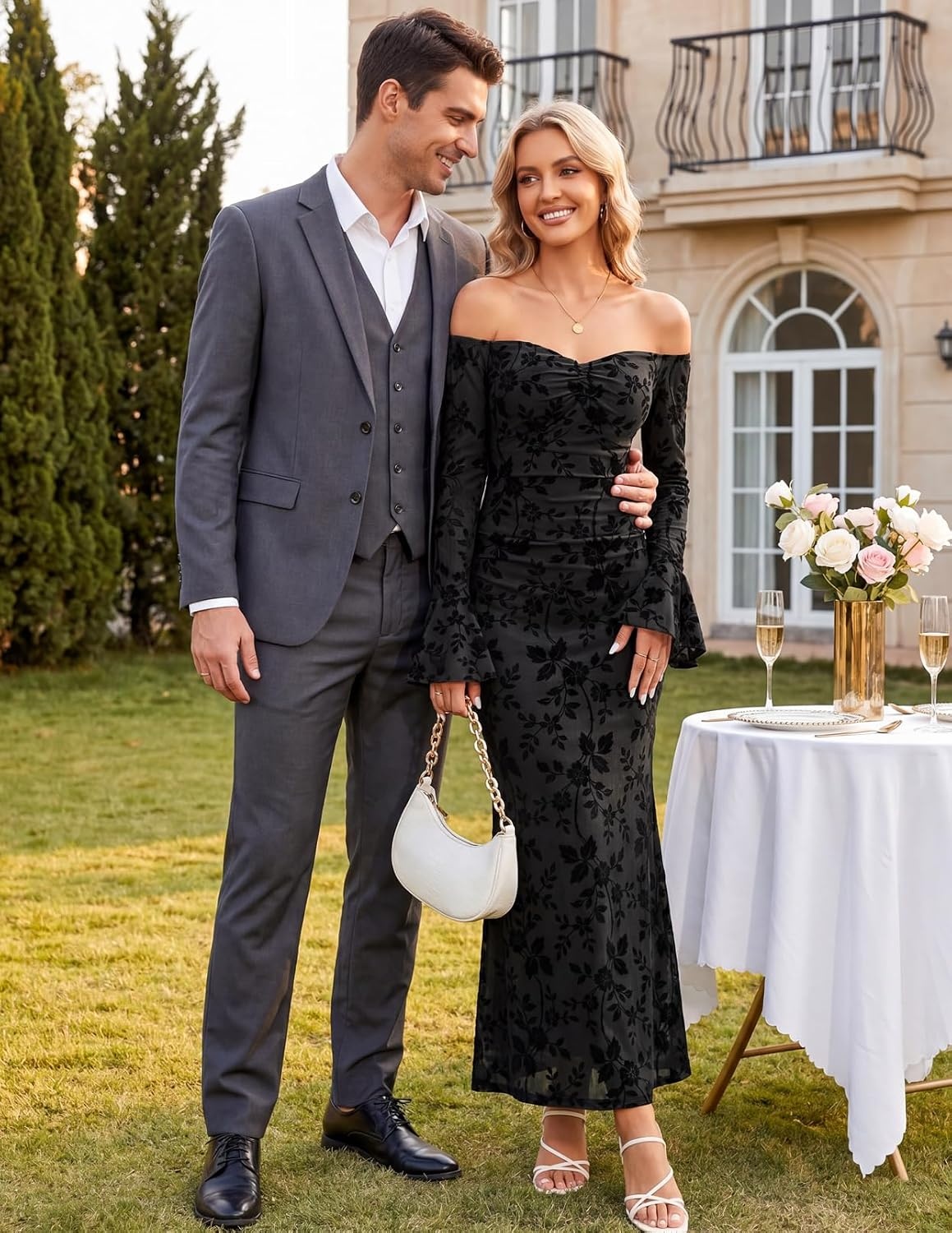 image:imageMEROKEETY Womens Off The Shoulder Bodycon Fall Wedding Guest Maxi Dress Bell Long Sleeve Floral Mesh Fully Lined Ruched Bust 2026 Winter Elegant Sexy Trendy Formal Cocktail Date night DressesBlack