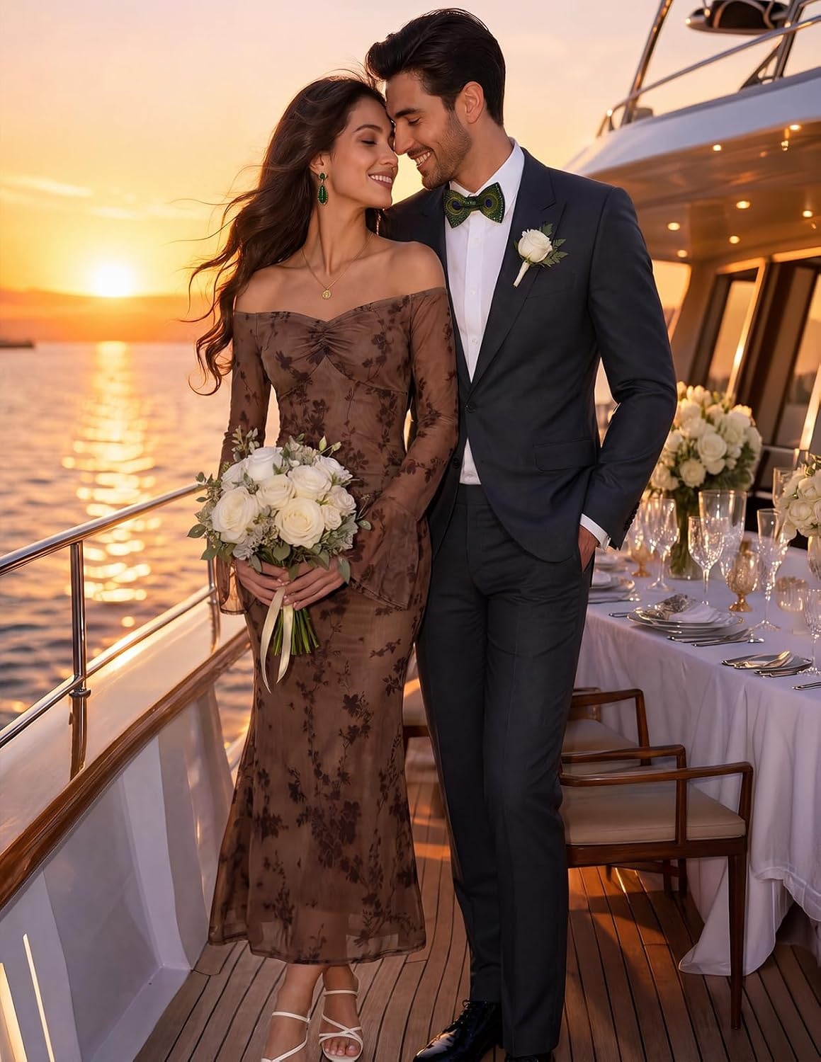 image:imageMEROKEETY Womens Off The Shoulder Bodycon Fall Wedding Guest Maxi Dress Bell Long Sleeve Floral Mesh Fully Lined Ruched Bust 2026 Winter Elegant Sexy Trendy Formal Cocktail Date night DressesBrown