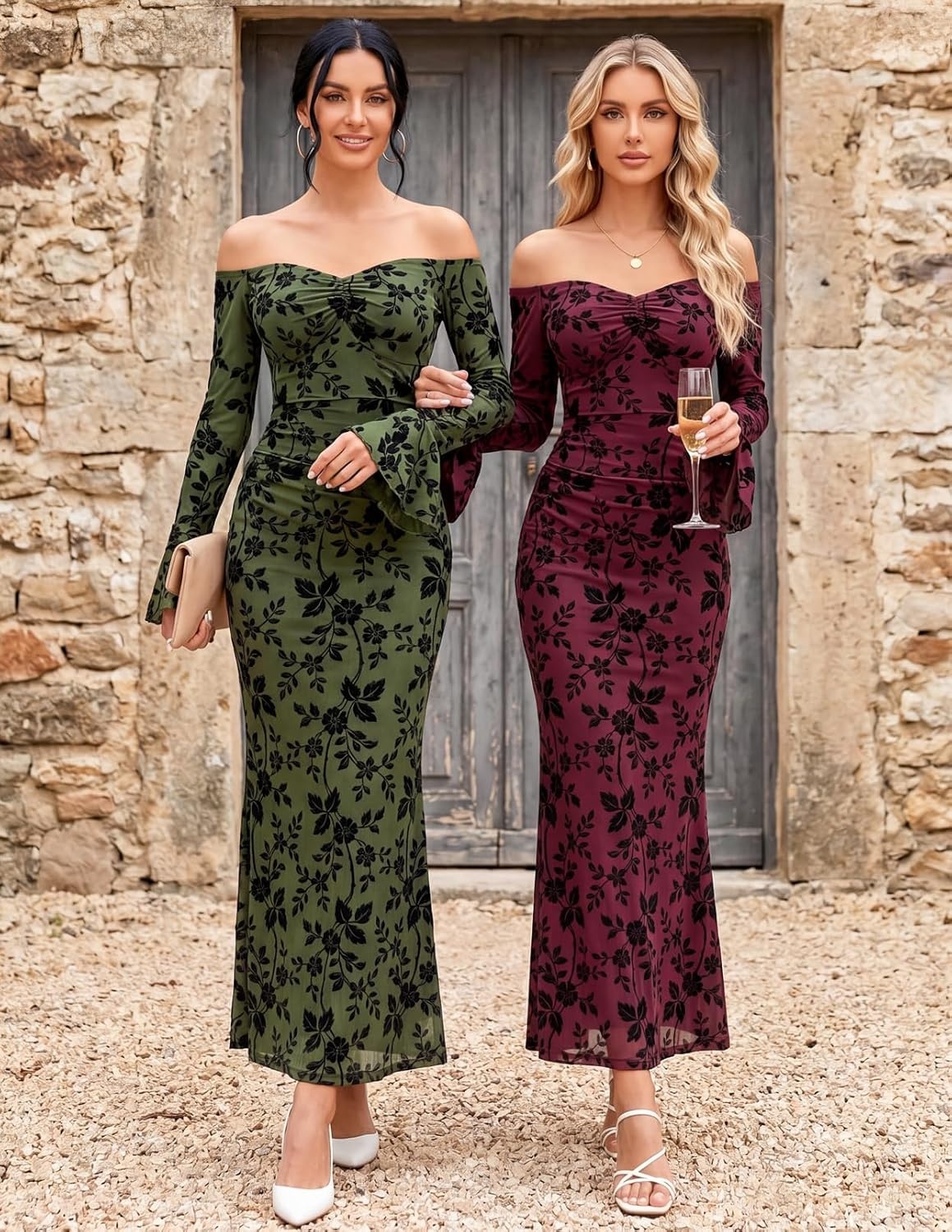image:imageMEROKEETY Womens Off The Shoulder Bodycon Fall Wedding Guest Maxi Dress Bell Long Sleeve Floral Mesh Fully Lined Ruched Bust 2026 Winter Elegant Sexy Trendy Formal Cocktail Date night DressesArmy