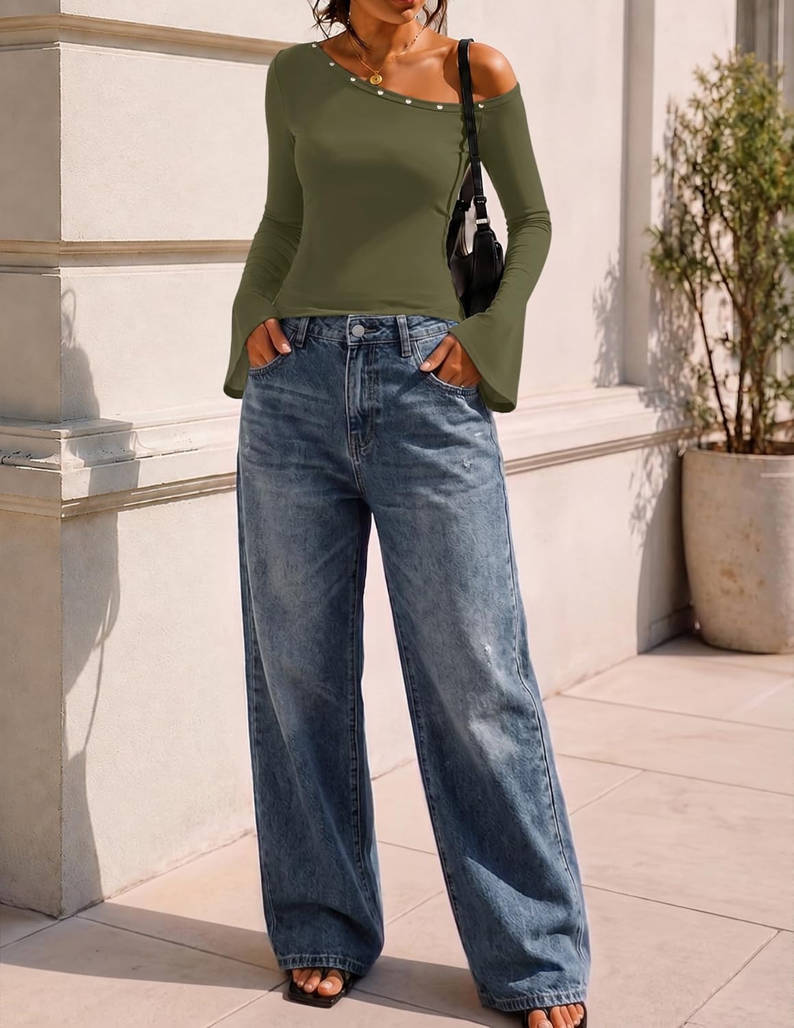 image:imageMEROKEETY Womens Off The Shoulder Going Out Long Sleeve Tops Asymmetrical Neck Metal Rivets Slim Fit Cute Shirts Fall Fashion Y2k Clothes Date Night Streetwear Trendy OutfitsArmygreen