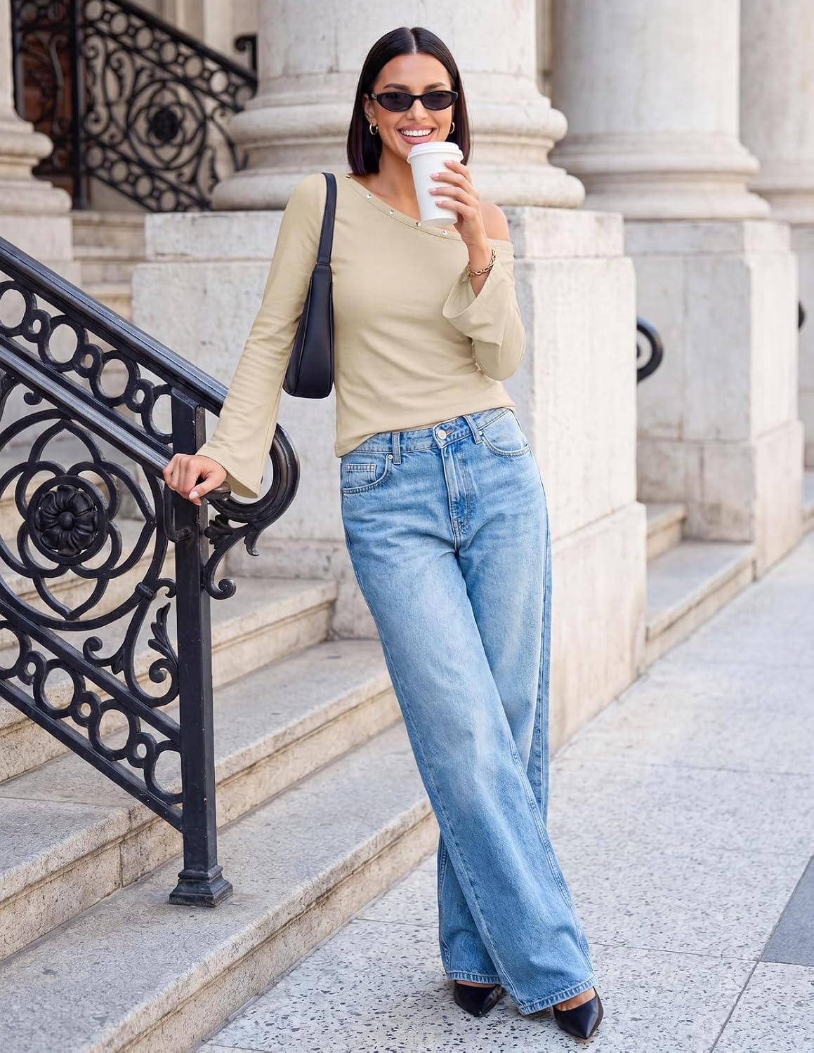 image:imageMEROKEETY Womens Off The Shoulder Going Out Long Sleeve Tops Asymmetrical Neck Metal Rivets Slim Fit Cute Shirts Fall Fashion Y2k Clothes Date Night Streetwear Trendy OutfitsApricot