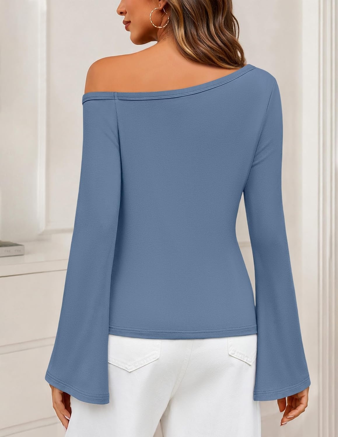 image:imageMEROKEETY Womens Off The Shoulder Going Out Long Sleeve Tops Asymmetrical Neck Metal Rivets Slim Fit Cute Shirts Fall Fashion Y2k Clothes Date Night Streetwear Trendy OutfitsDustyblue