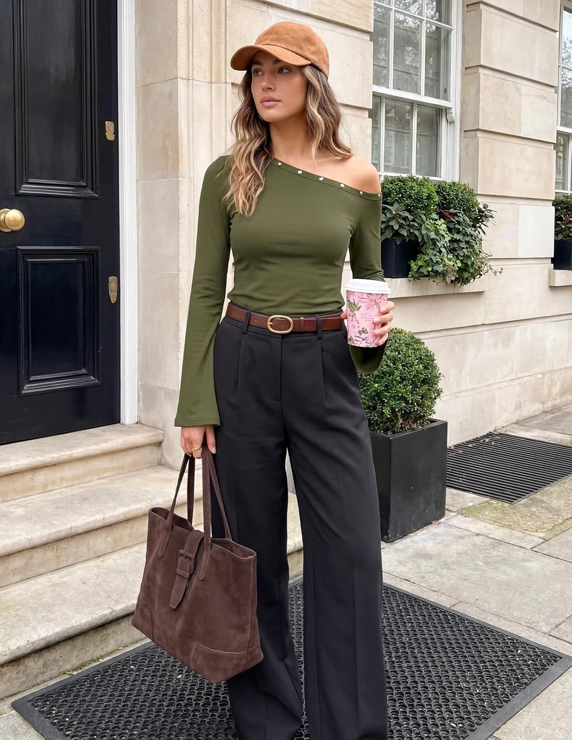 image:imageMEROKEETY Womens Off The Shoulder Going Out Long Sleeve Tops Asymmetrical Neck Metal Rivets Slim Fit Cute Shirts Fall Fashion Y2k Clothes Date Night Streetwear Trendy OutfitsArmygreen