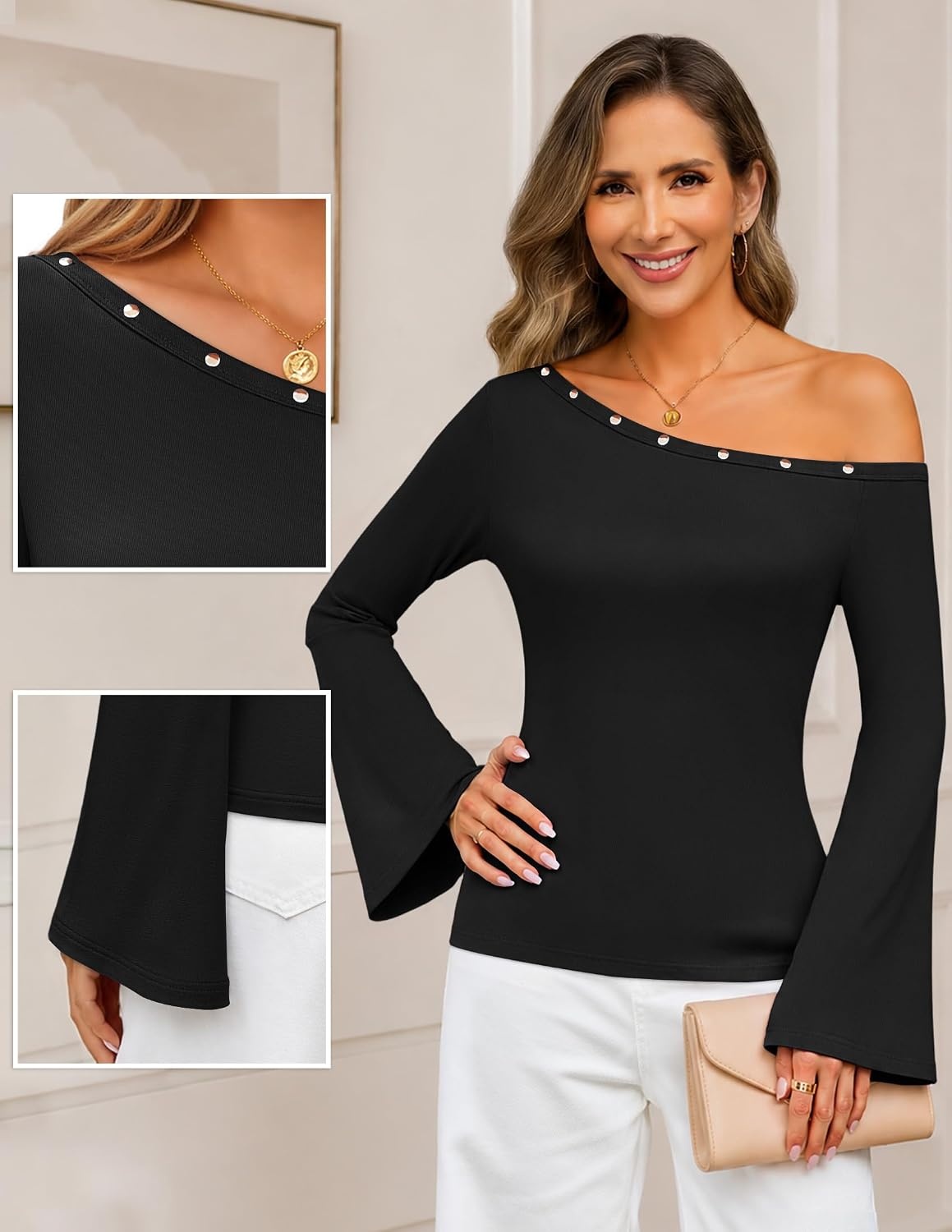 image:imageMEROKEETY Womens Off The Shoulder Going Out Long Sleeve Tops Asymmetrical Neck Metal Rivets Slim Fit Cute Shirts Fall Fashion Y2k Clothes Date Night Streetwear Trendy OutfitsBlack