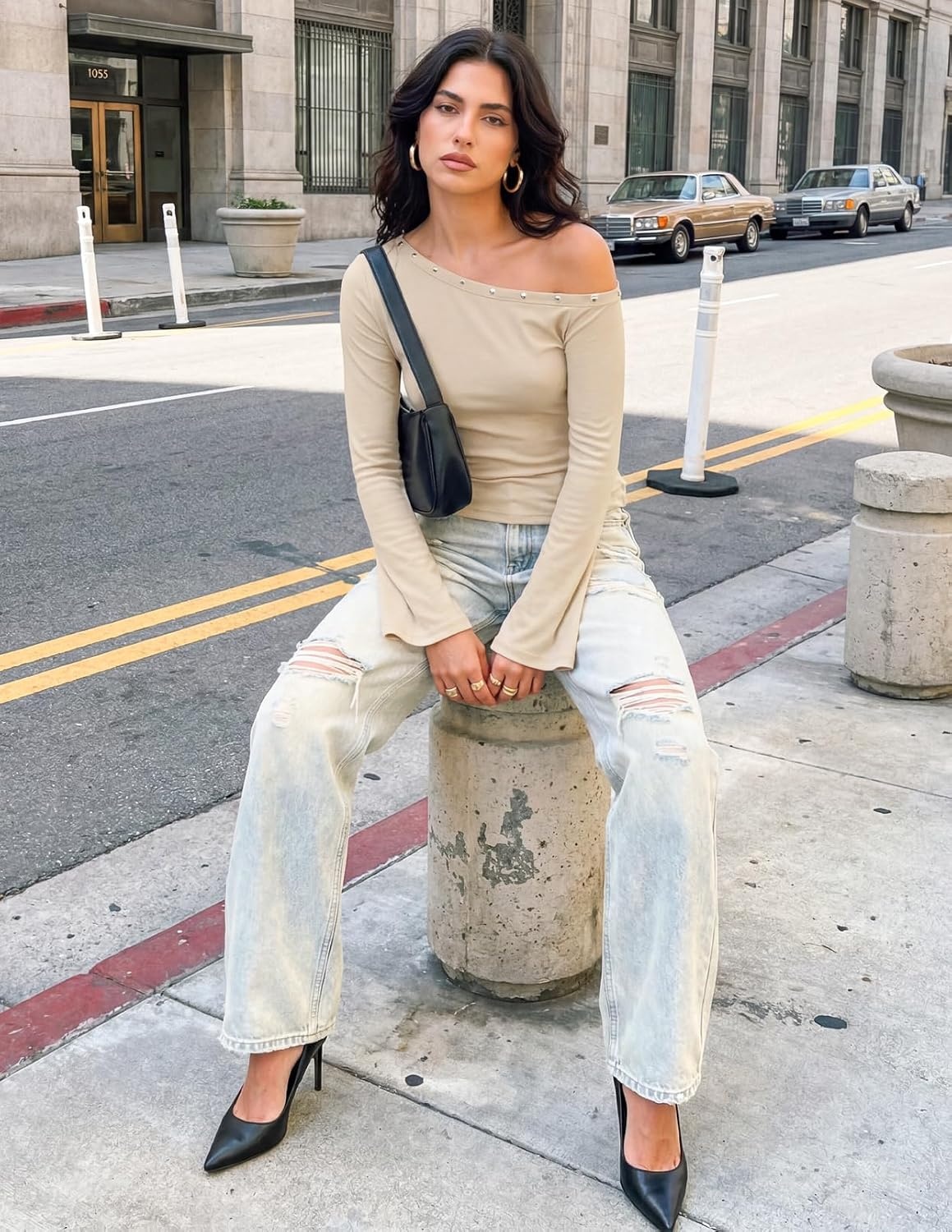 image:imageMEROKEETY Womens Off The Shoulder Going Out Long Sleeve Tops Asymmetrical Neck Metal Rivets Slim Fit Cute Shirts Fall Fashion Y2k Clothes Date Night Streetwear Trendy OutfitsApricot