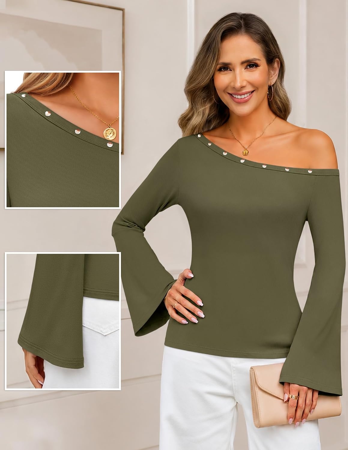 image:imageMEROKEETY Womens Off The Shoulder Going Out Long Sleeve Tops Asymmetrical Neck Metal Rivets Slim Fit Cute Shirts Fall Fashion Y2k Clothes Date Night Streetwear Trendy OutfitsArmygreen
