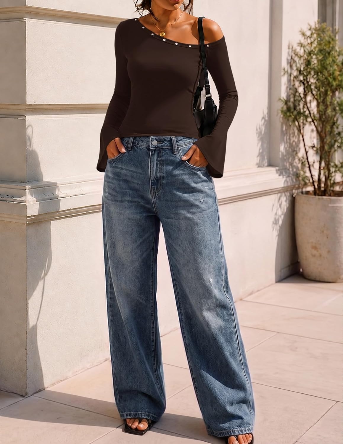 image:imageMEROKEETY Womens Off The Shoulder Going Out Long Sleeve Tops Asymmetrical Neck Metal Rivets Slim Fit Cute Shirts Fall Fashion Y2k Clothes Date Night Streetwear Trendy OutfitsCoffee