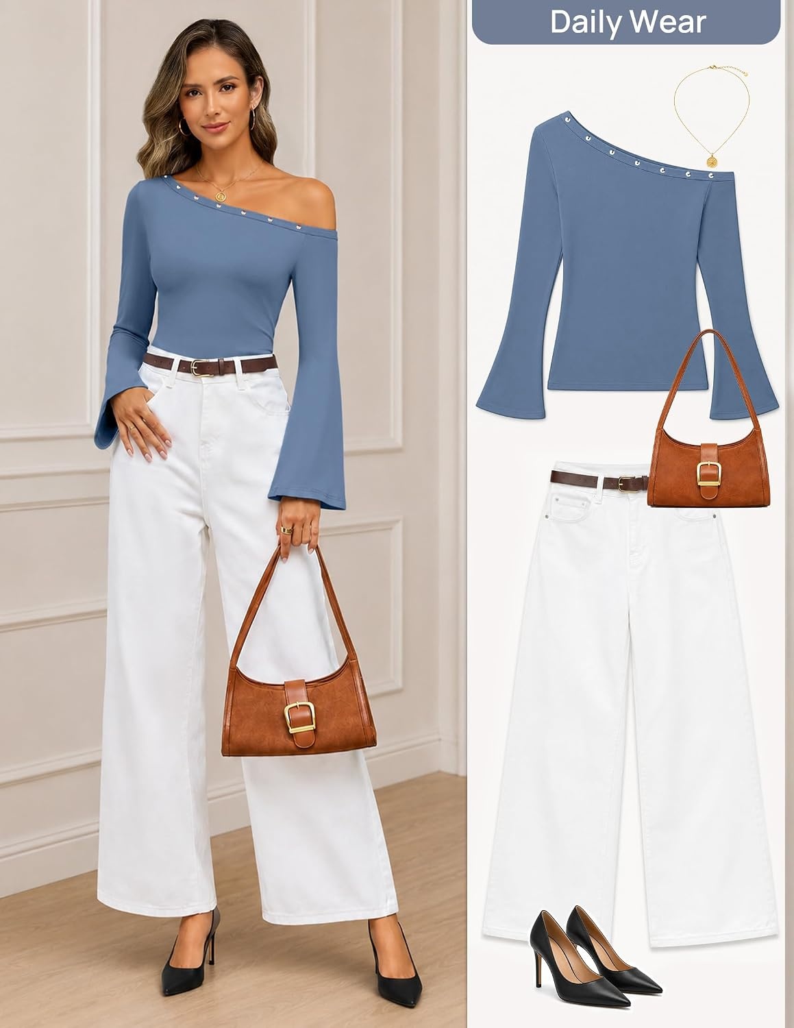 image:imageMEROKEETY Womens Off The Shoulder Going Out Long Sleeve Tops Asymmetrical Neck Metal Rivets Slim Fit Cute Shirts Fall Fashion Y2k Clothes Date Night Streetwear Trendy OutfitsDustyblue