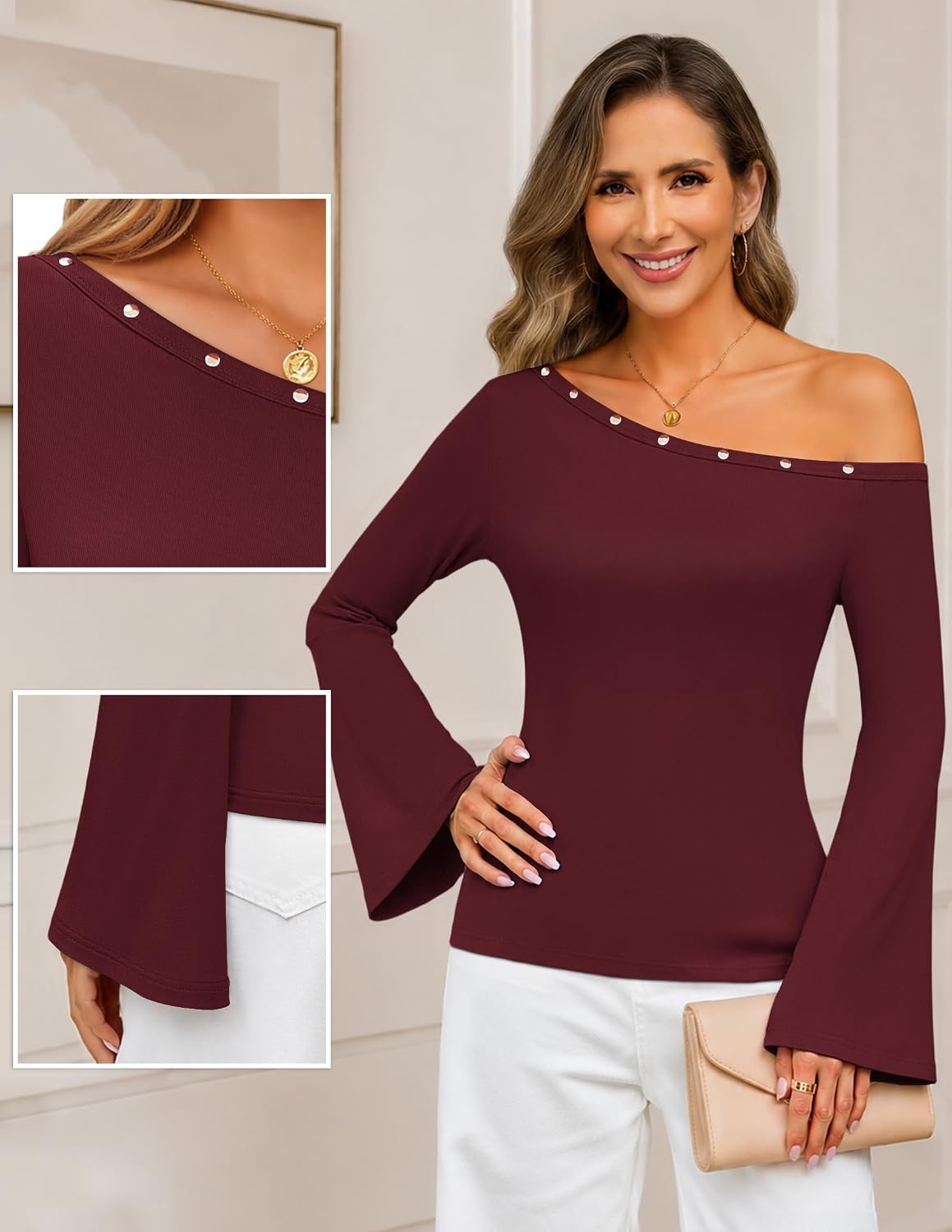 image:imageMEROKEETY Womens Off The Shoulder Going Out Long Sleeve Tops Asymmetrical Neck Metal Rivets Slim Fit Cute Shirts Fall Fashion Y2k Clothes Date Night Streetwear Trendy OutfitsWine