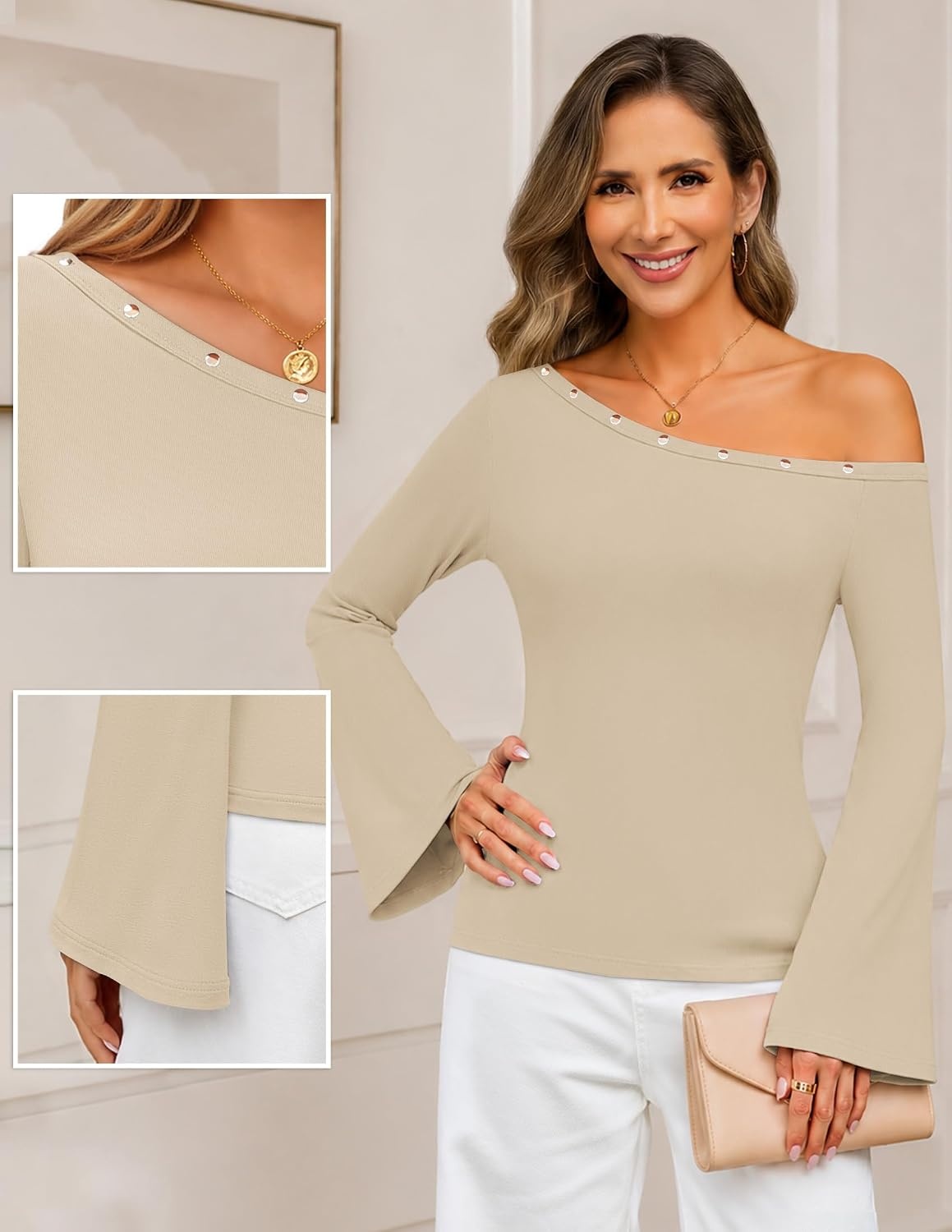 image:imageMEROKEETY Womens Off The Shoulder Going Out Long Sleeve Tops Asymmetrical Neck Metal Rivets Slim Fit Cute Shirts Fall Fashion Y2k Clothes Date Night Streetwear Trendy OutfitsApricot