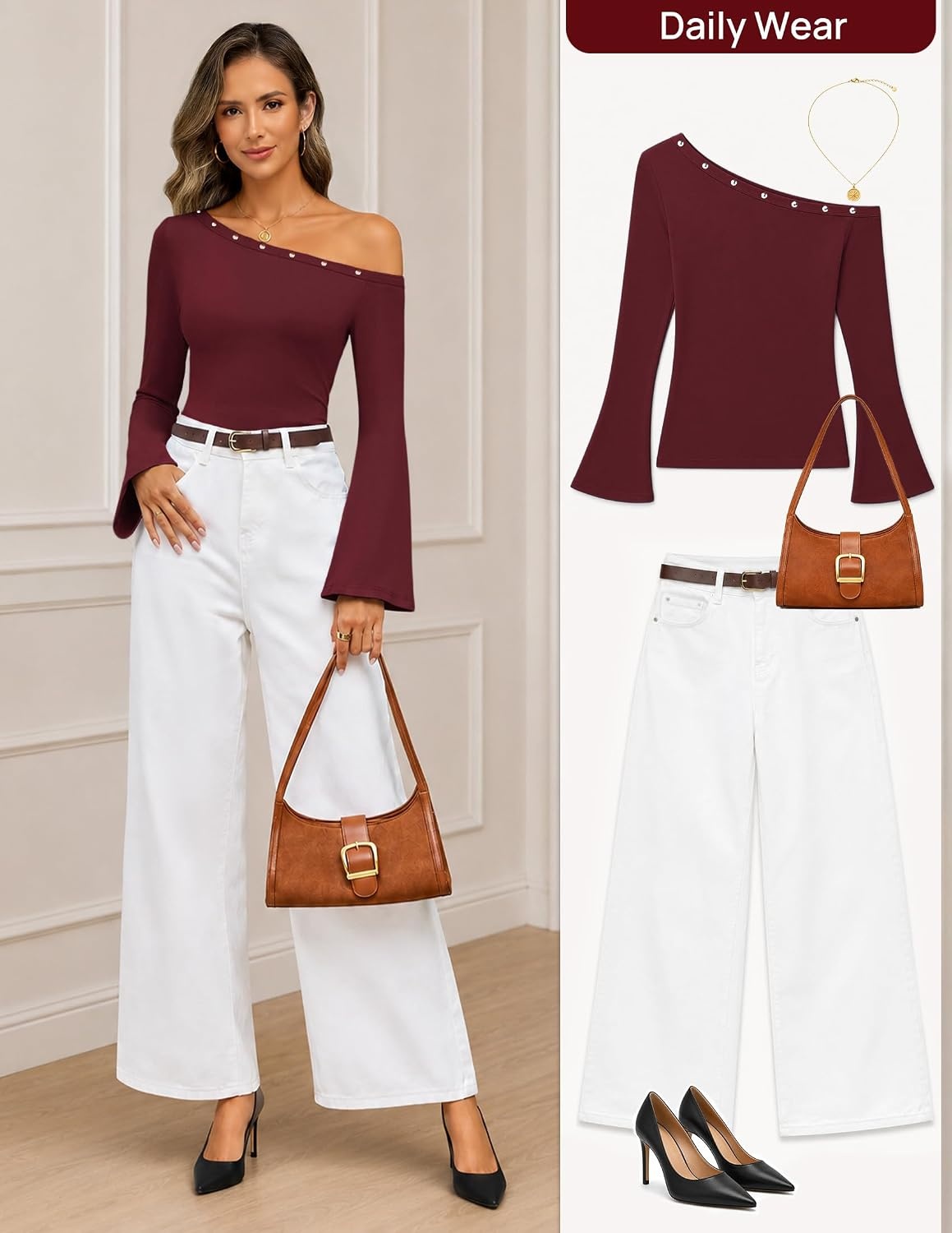 image:imageMEROKEETY Womens Off The Shoulder Going Out Long Sleeve Tops Asymmetrical Neck Metal Rivets Slim Fit Cute Shirts Fall Fashion Y2k Clothes Date Night Streetwear Trendy OutfitsWine