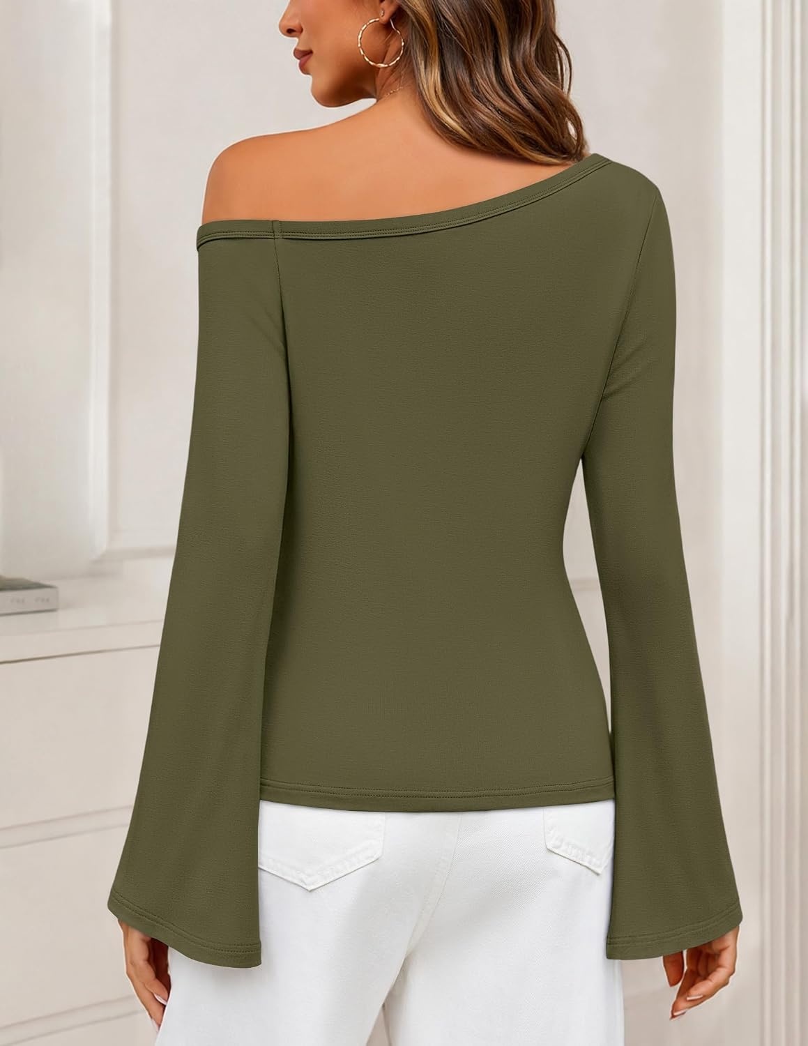 image:imageMEROKEETY Womens Off The Shoulder Going Out Long Sleeve Tops Asymmetrical Neck Metal Rivets Slim Fit Cute Shirts Fall Fashion Y2k Clothes Date Night Streetwear Trendy OutfitsArmygreen