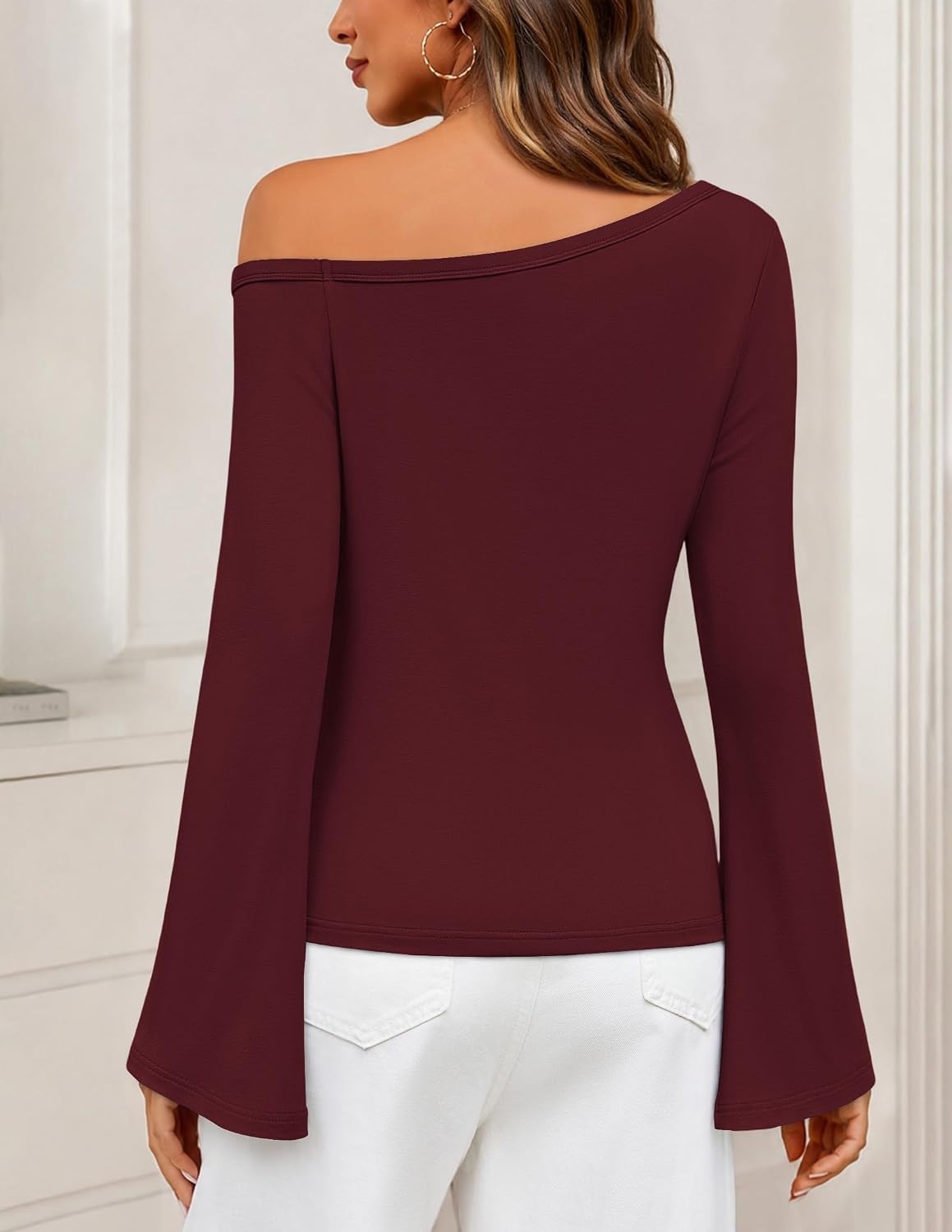 image:imageMEROKEETY Womens Off The Shoulder Going Out Long Sleeve Tops Asymmetrical Neck Metal Rivets Slim Fit Cute Shirts Fall Fashion Y2k Clothes Date Night Streetwear Trendy OutfitsWine