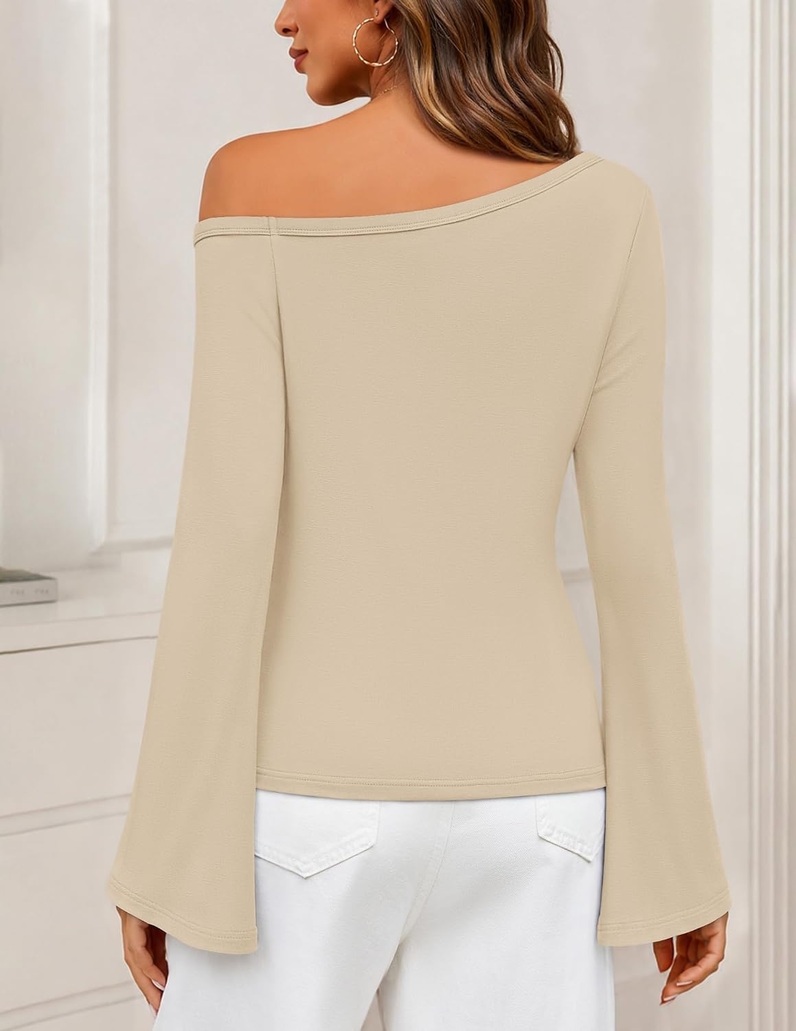 image:imageMEROKEETY Womens Off The Shoulder Going Out Long Sleeve Tops Asymmetrical Neck Metal Rivets Slim Fit Cute Shirts Fall Fashion Y2k Clothes Date Night Streetwear Trendy OutfitsApricot
