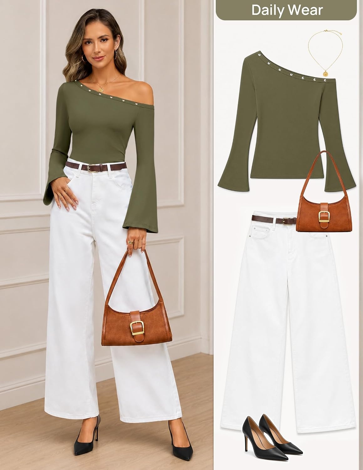 image:imageMEROKEETY Womens Off The Shoulder Going Out Long Sleeve Tops Asymmetrical Neck Metal Rivets Slim Fit Cute Shirts Fall Fashion Y2k Clothes Date Night Streetwear Trendy OutfitsArmygreen