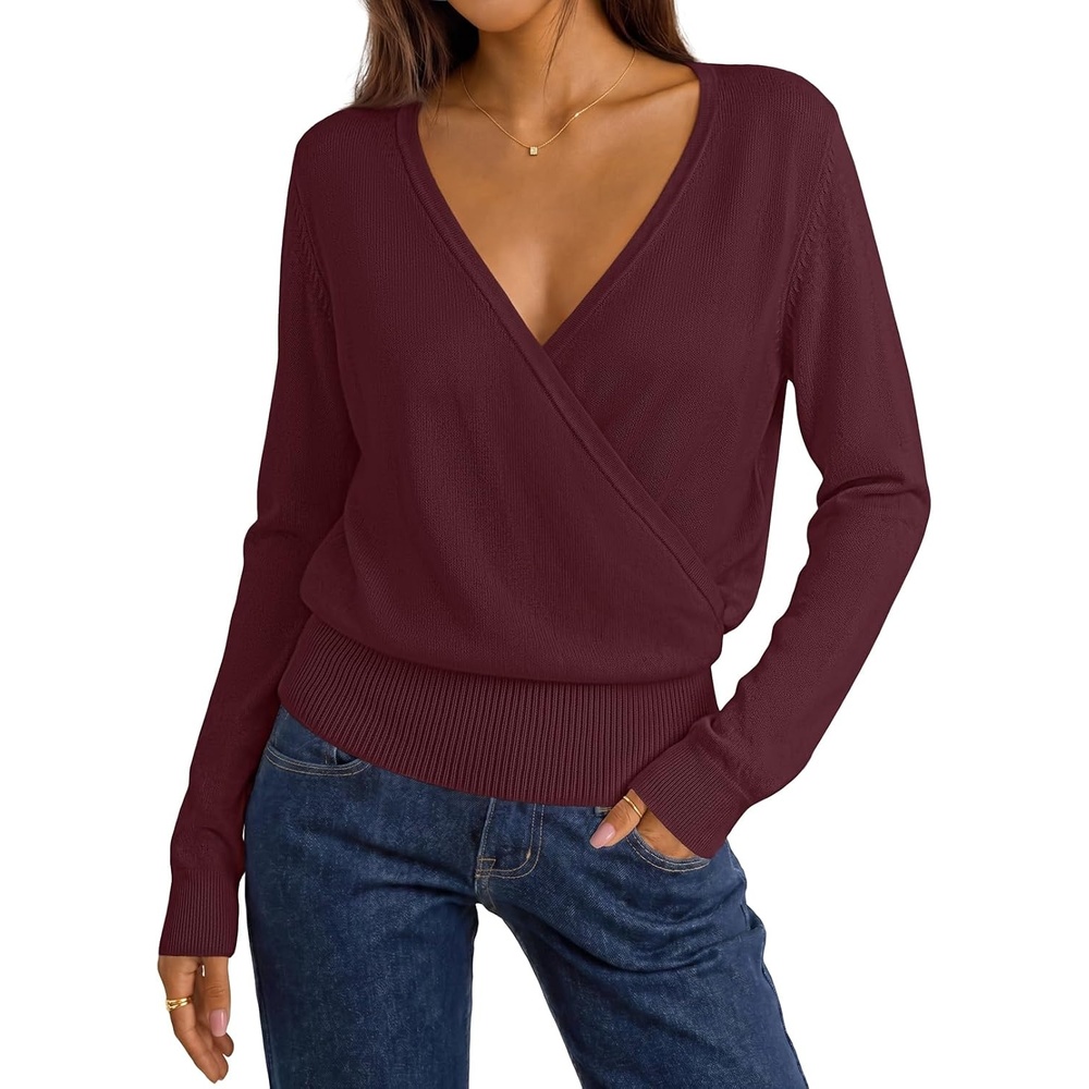 image:imageMEROKEETY 2026 Fall V Neck Wrap Sweaters for Women Knit Tops Long Sleeve Cozy Knit Hidden Snap Dressy Casual Pullover Shirts Fashion Jumper Fall Winter ClothingBurgundy