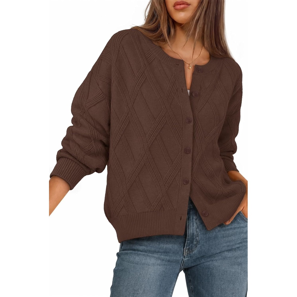 image:imageMEROKEETY Womens Cable Knit Cardigan Sweaters Trendy Button Up Long Lantern Sleeve Fall Sweater 2026 Open Front CoatsCoffee