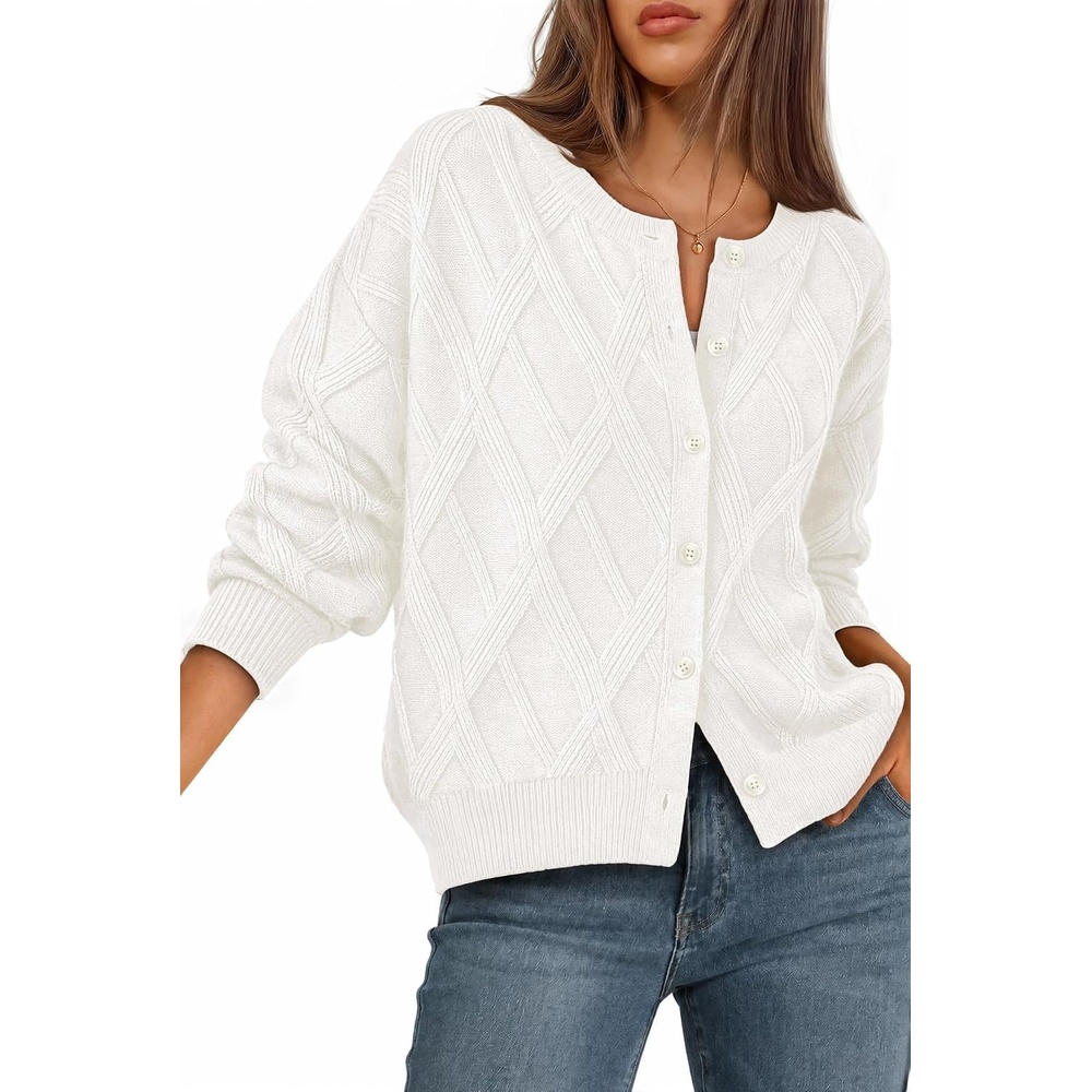 image:imageMEROKEETY Womens Cable Knit Cardigan Sweaters Trendy Button Up Long Lantern Sleeve Fall Sweater 2026 Open Front CoatsWhite