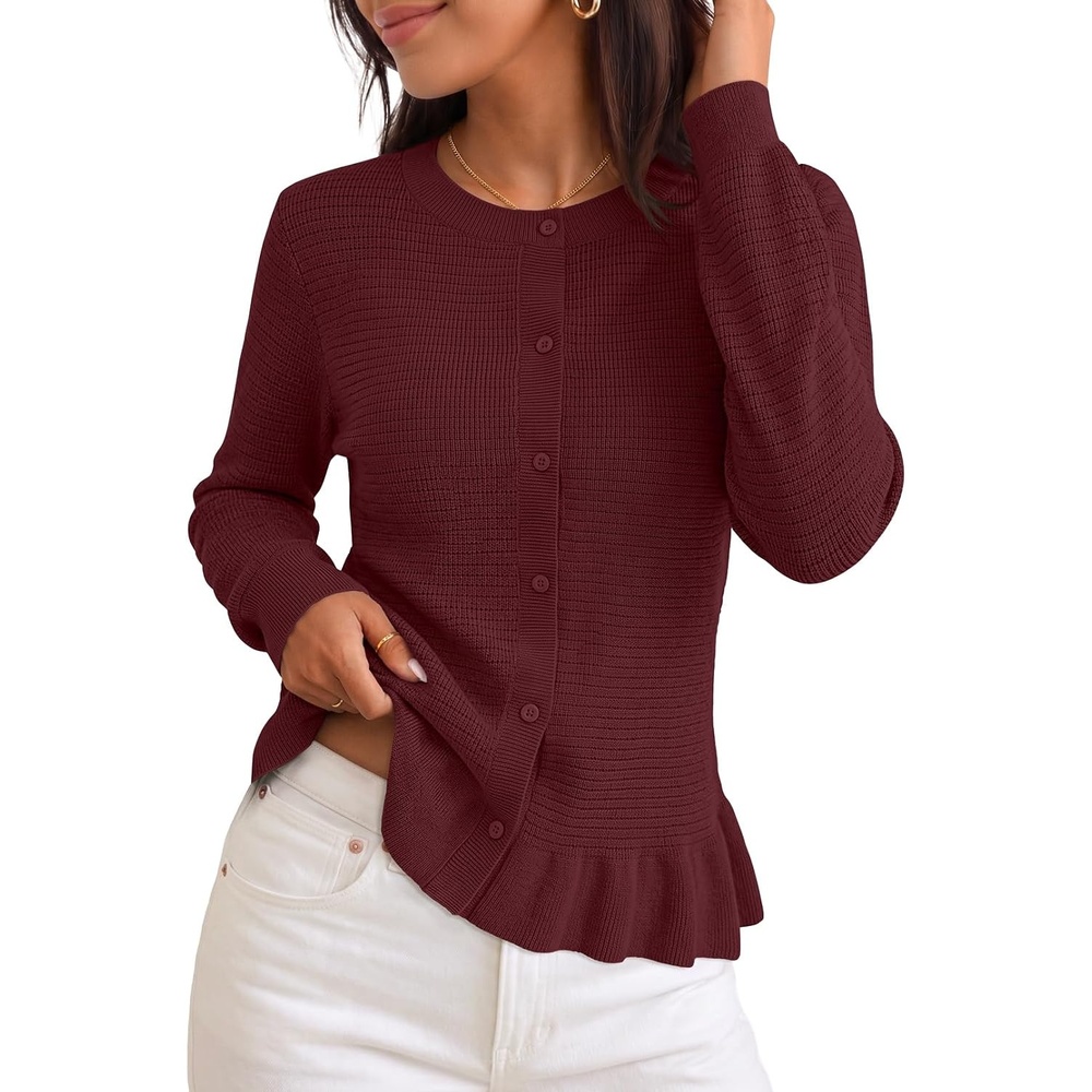 image:imageMEROKEETY Womens Fall Button Up Cute Ruffle Hem Cardigan Sweaters Trendy  2026 Long Sleeve Crochet Winter Crewneck Ribbed Details Soft Relaxed Fit Casual Outfits Knit Coats Fashion ClothesWine