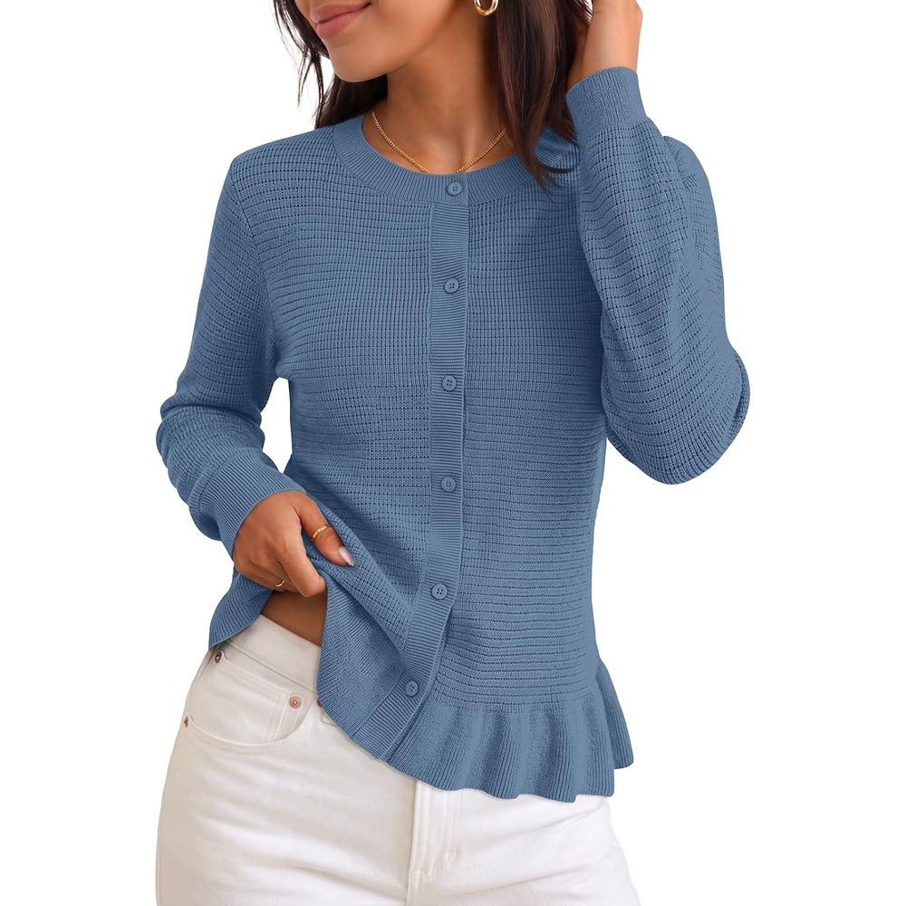 image:imageMEROKEETY Womens Fall Button Up Cute Ruffle Hem Cardigan Sweaters Trendy  2026 Long Sleeve Crochet Winter Crewneck Ribbed Details Soft Relaxed Fit Casual Outfits Knit Coats Fashion ClothesDustyblue