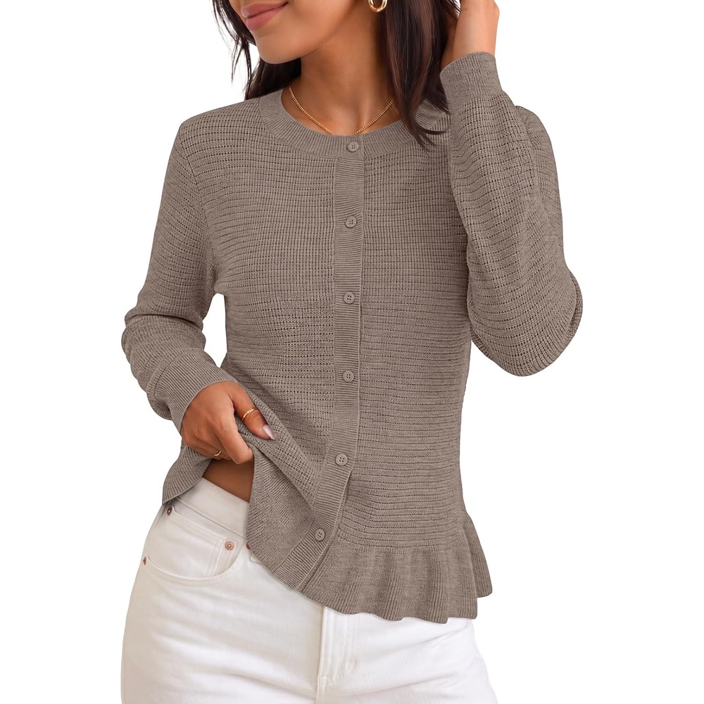 image:imageMEROKEETY Womens Fall Button Up Cute Ruffle Hem Cardigan Sweaters Trendy 2026 Long Sleeve Crochet Winter Crewneck Ribbed Details Soft Relaxed Fit Casual Outfits Knit Coats Fashion ClothesCamel