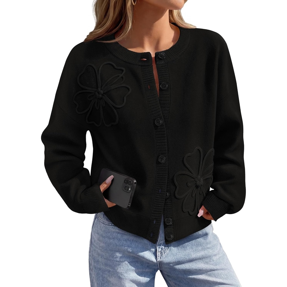 image:imageMEROKEETY Womens Fall Floral Button Up Cute Cozy Cardigan Sweaters Trendy Long Sleeve 3D Flowers Ribbed Knit Details Lightweight Knit Fabric Loose Fit Outfits Warm Coat 2026 Winter ClothesBlack