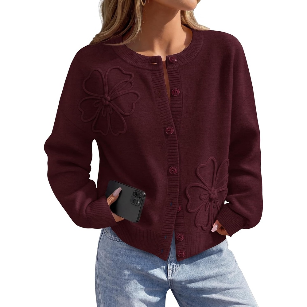 image:imageMEROKEETY Womens Fall Floral Button Up Cute Cozy Cardigan Sweaters Trendy  Long Sleeve 3D Flowers Ribbed Knit Details Lightweight Knit Fabric Loose Fit Outfits Warm Coat 2026 Winter ClothesWine