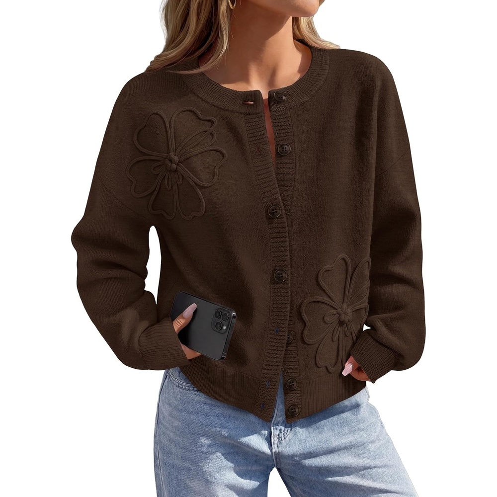 image:imageMEROKEETY Womens Fall Floral Button Up Cute Cozy Cardigan Sweaters Trendy Long Sleeve 3D Flowers Ribbed Knit Details Lightweight Knit Fabric Loose Fit Outfits Warm Coat 2026 Winter ClothesCoffee