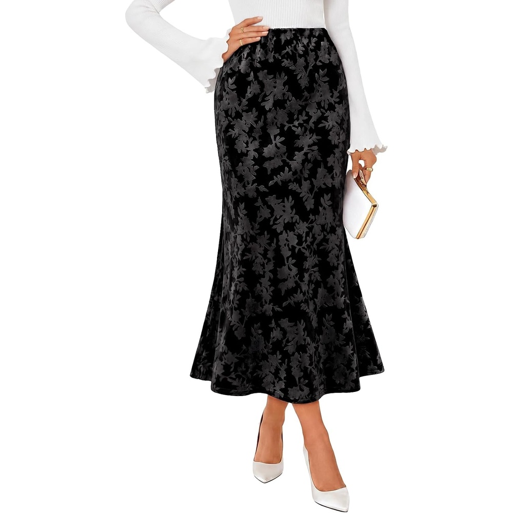 image:imageMEROKEETY Womens Fall Floral Velvet Maxi Skirt Floral Velvet Textured Mermaid Fishtail Hem Elastic High Waist Elegant Classy 2026 Trendy Long SkirtsBlack