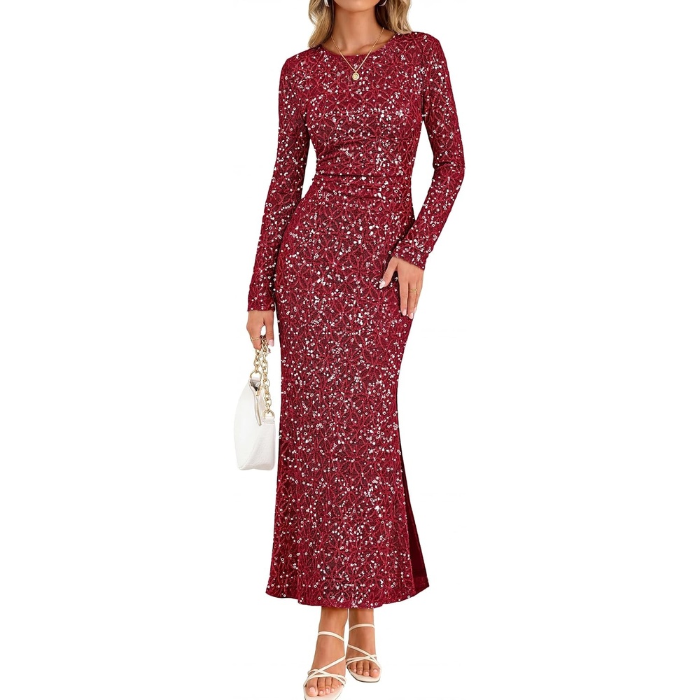 image:imageMEROKEETY Womens Fall Formal Long Sleeve Sequin Bodycon Maxi Dress 2026  Sparkly Jacquard Mesh Shell Lined Floral Lace Fancy Cocktail Party Dinner Evening Holiday Wedding Guest Long DressWine