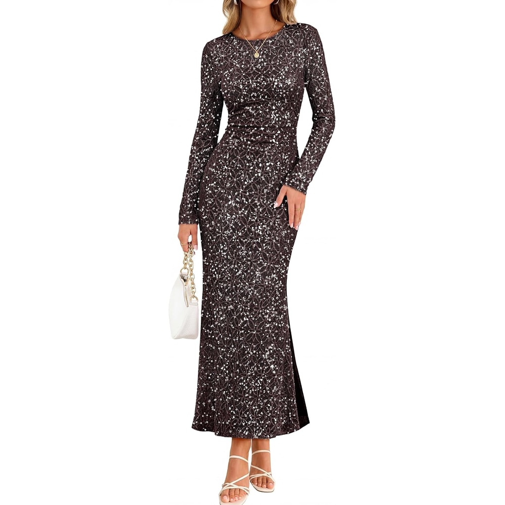 image:imageMEROKEETY Womens Fall Formal Long Sleeve Sequin Bodycon Maxi Dress 2026  Sparkly Jacquard Mesh Shell Lined Floral Lace Fancy Cocktail Party Dinner Evening Holiday Wedding Guest Long DressBrown