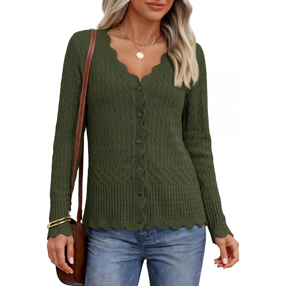 image:imageMEROKEETY Womens Fall Lightweight Crochet Cardigan Sweaters Trendy  Trendy Sweater Long Sleeve V Neck Button Down Pointelle Knit Scalloped Trim Fashion Layer Tops Soft Breathable ClothesArmygreen