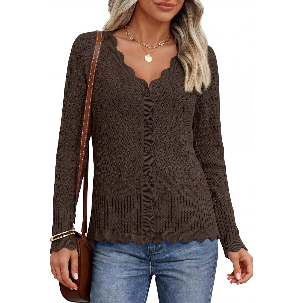image:imageMEROKEETY Womens Fall Lightweight Crochet Cardigan Sweaters Trendy Trendy Sweater Long Sleeve V Neck Button Down Pointelle Knit Scalloped Trim Fashion Layer Tops Soft Breathable ClothesCoffee