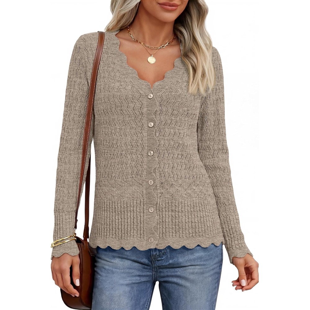 image:imageMEROKEETY Womens Fall Lightweight Crochet Cardigan Sweaters Trendy  Trendy Sweater Long Sleeve V Neck Button Down Pointelle Knit Scalloped Trim Fashion Layer Tops Soft Breathable ClothesKhaki