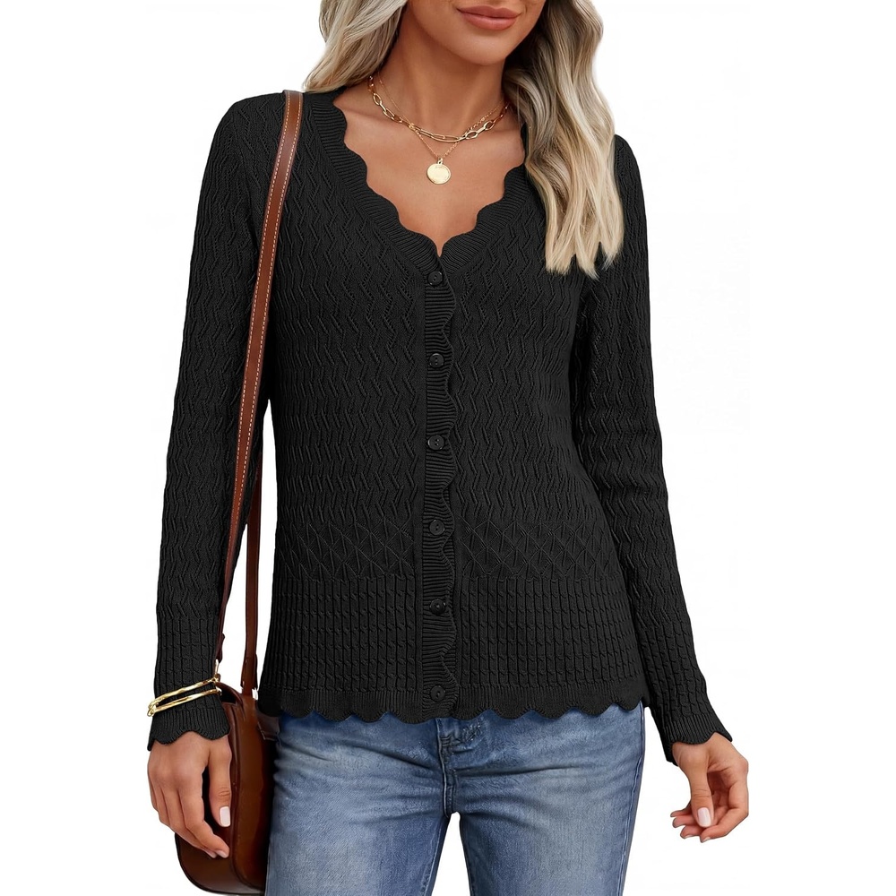 image:imageMEROKEETY Womens Fall Lightweight Crochet Cardigan Sweaters Trendy Trendy Sweater Long Sleeve V Neck Button Down Pointelle Knit Scalloped Trim Fashion Layer Tops Soft Breathable ClothesBlack