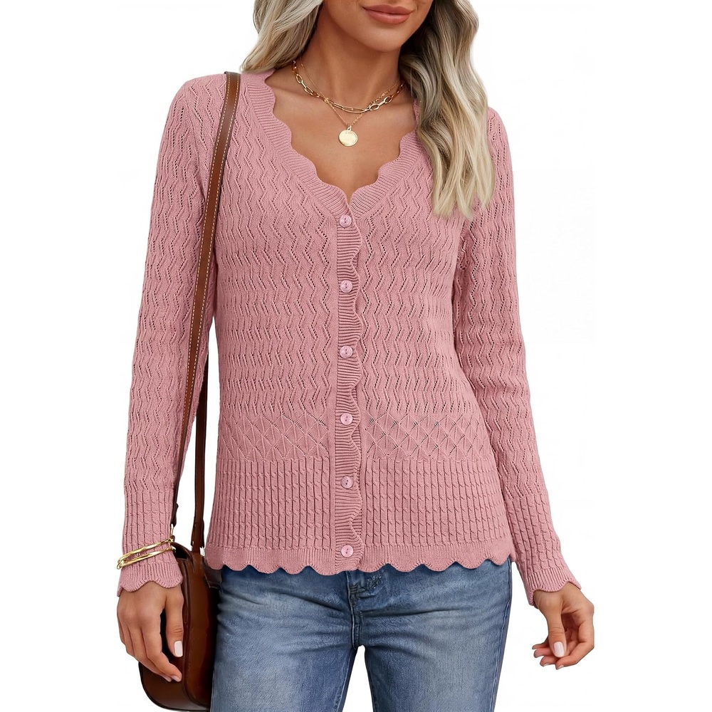 image:imageMEROKEETY Womens Fall Lightweight Crochet Cardigan Sweaters Trendy  Trendy Sweater Long Sleeve V Neck Button Down Pointelle Knit Scalloped Trim Fashion Layer Tops Soft Breathable ClothesPink