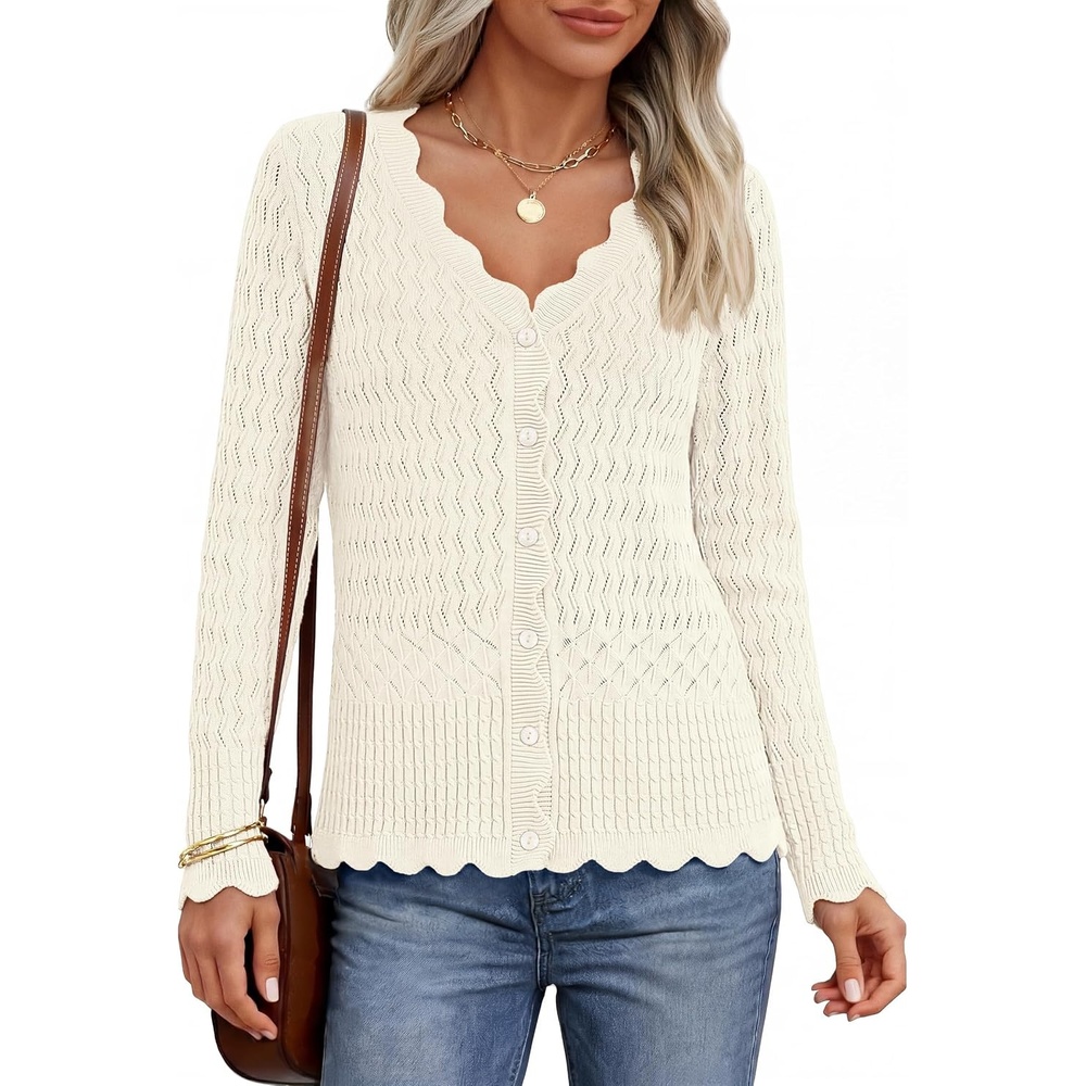image:imageMEROKEETY Womens Fall Lightweight Crochet Cardigan Sweaters Trendy  Trendy Sweater Long Sleeve V Neck Button Down Pointelle Knit Scalloped Trim Fashion Layer Tops Soft Breathable ClothesBeige