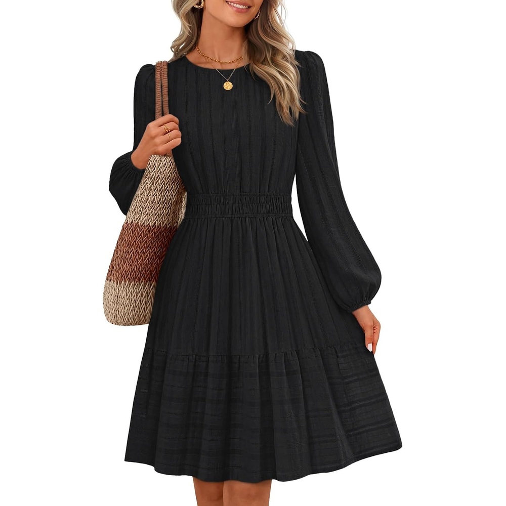 image:imageMEROKEETY Womens Fall Long Puff Sleeve Casual Boho Flowy Dress Crew Neck Elastic Waist Tiered Ruffle Hem Cotton A Line Mini Vacation Dresses Bridal Shower Cocktail Date Night OutfitsBlack