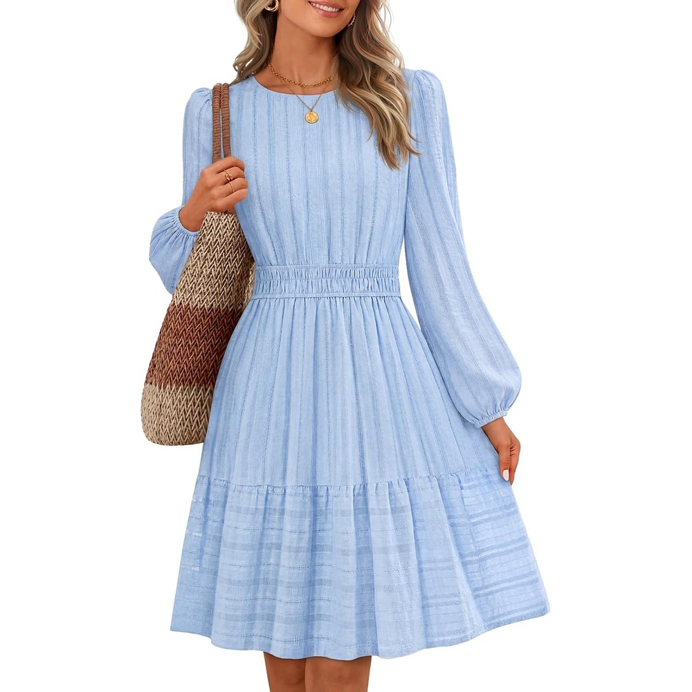 image:imageMEROKEETY Womens Fall Long Puff Sleeve Casual Boho Flowy Dress Crew Neck Elastic Waist Tiered Ruffle Hem Cotton A Line Mini Vacation Dresses Bridal Shower Cocktail Date Night OutfitsBlue