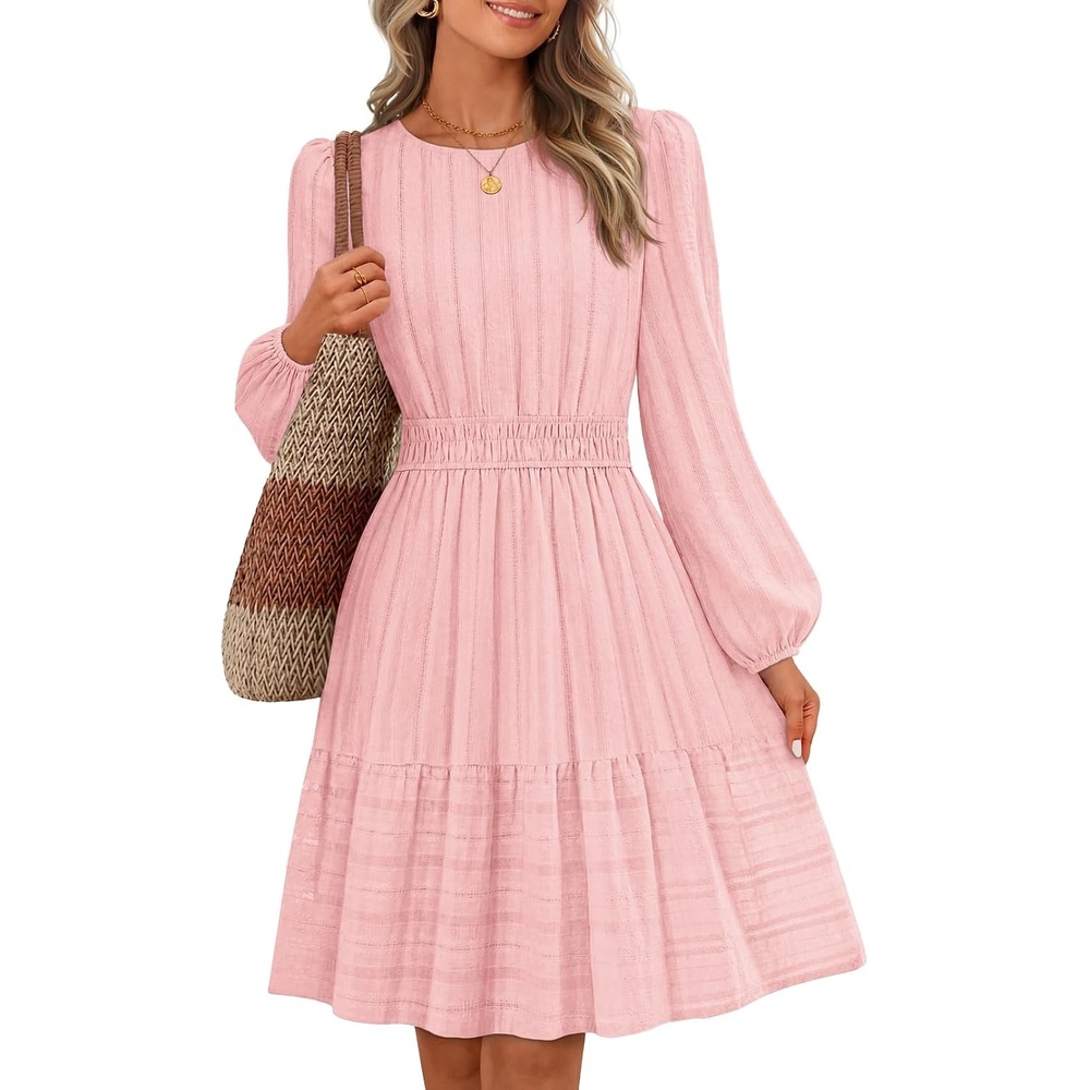 image:imageMEROKEETY Womens Fall Long Puff Sleeve Casual Boho Flowy Dress Crew Neck Elastic Waist Tiered Ruffle Hem Cotton A Line Mini Vacation Dresses Bridal Shower Cocktail Date Night OutfitsPink