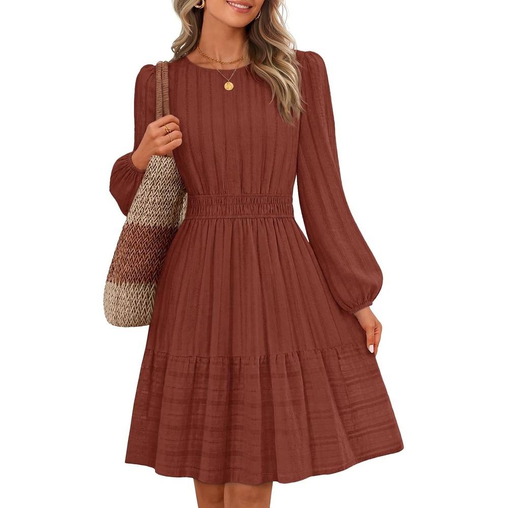 image:imageMEROKEETY Womens Fall Long Puff Sleeve Casual Boho Flowy Dress Crew Neck Elastic Waist Tiered Ruffle Hem Cotton A Line Mini Vacation Dresses Bridal Shower Cocktail Date Night OutfitsBrown Red