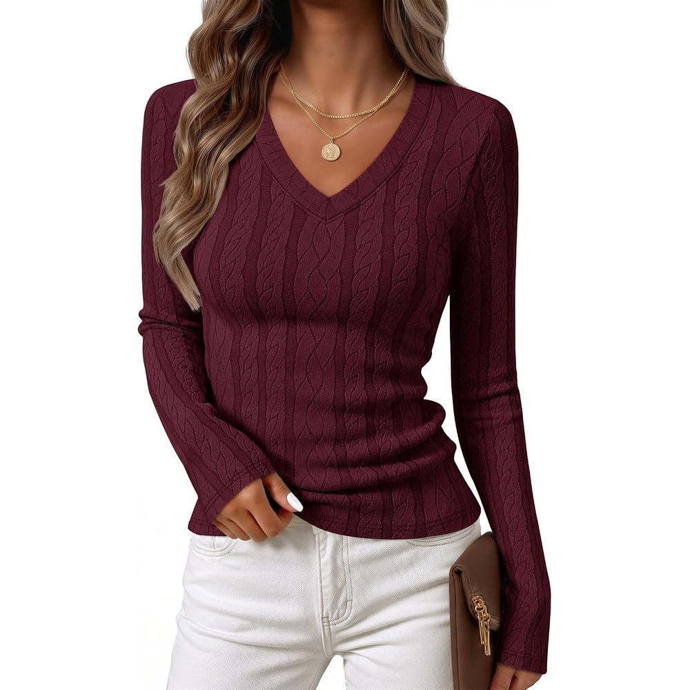 image:imageMEROKEETY Womens Fall Long Sleeve Cable Knit Shirts Trendy Top V Neck Fitted Lightweight Stretchy Textured Knit Going Out Outfits Business Casual Blouse Dressy Work Top Y2K ClothesBurgundy