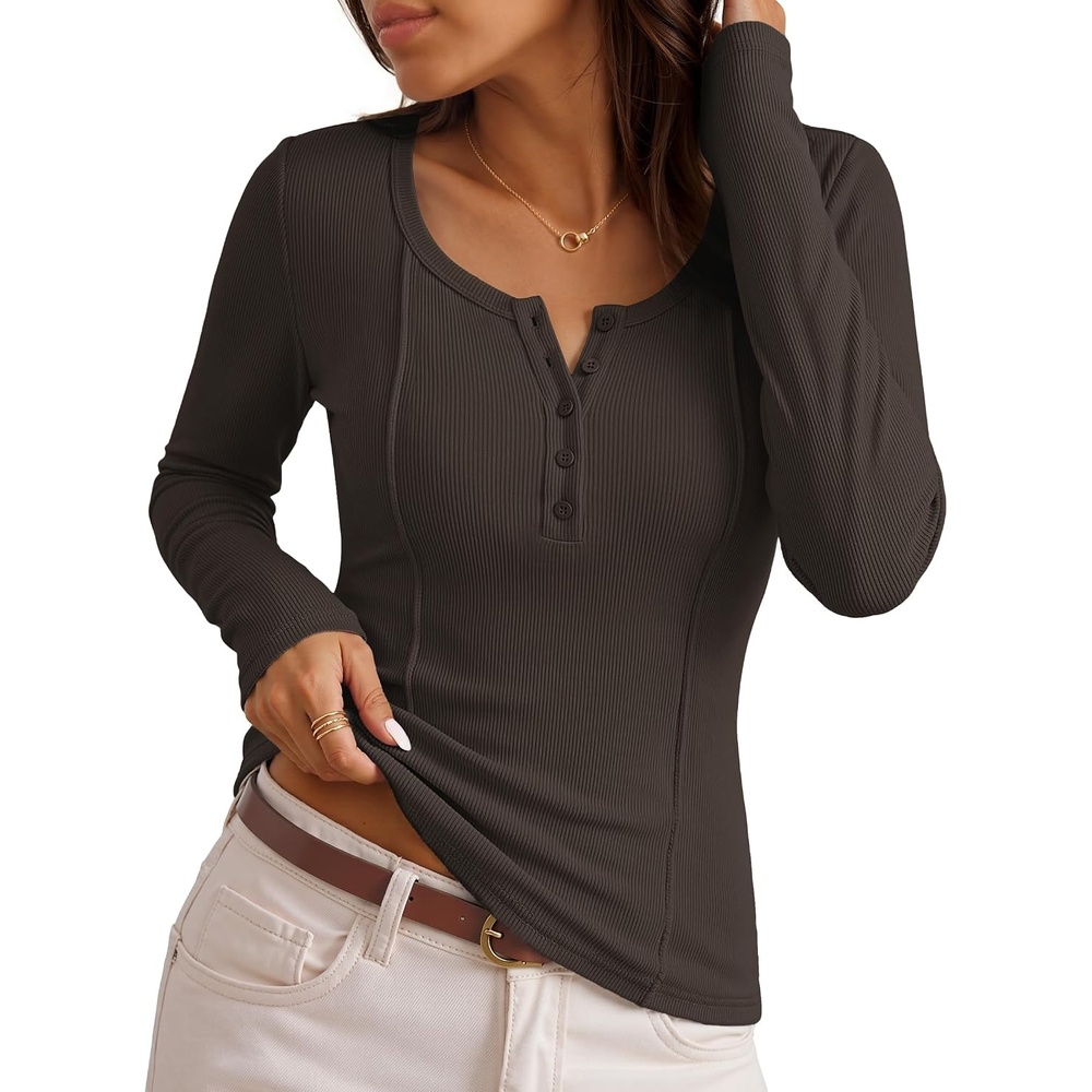 image:imageMEROKEETY Womens Fall Long Sleeve Fitted Henley T Shirt Top 2026 Trendy Fashion Must Have Scoop Neck Casual Ribbed Knit Buttons Basic Soft Lightweight Flattering Cute Cinched WaistCoffee